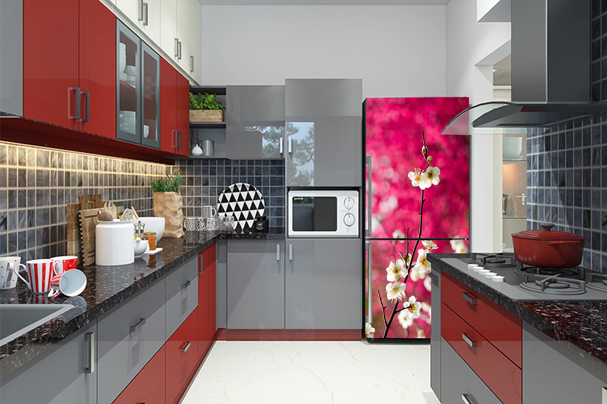 Advait Designs - Fridge Sticker Beautiful Flower and red Flower Wallpaper/Poster for Fridge Double Single Door Decorative Sticker (PVC Viny)