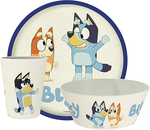 Zak Designs Bluey Kids - Juego de vajilla de 3 piezas, plato de bambú de melamina duradero y sostenible, ideal para cenar con la familia (azul,