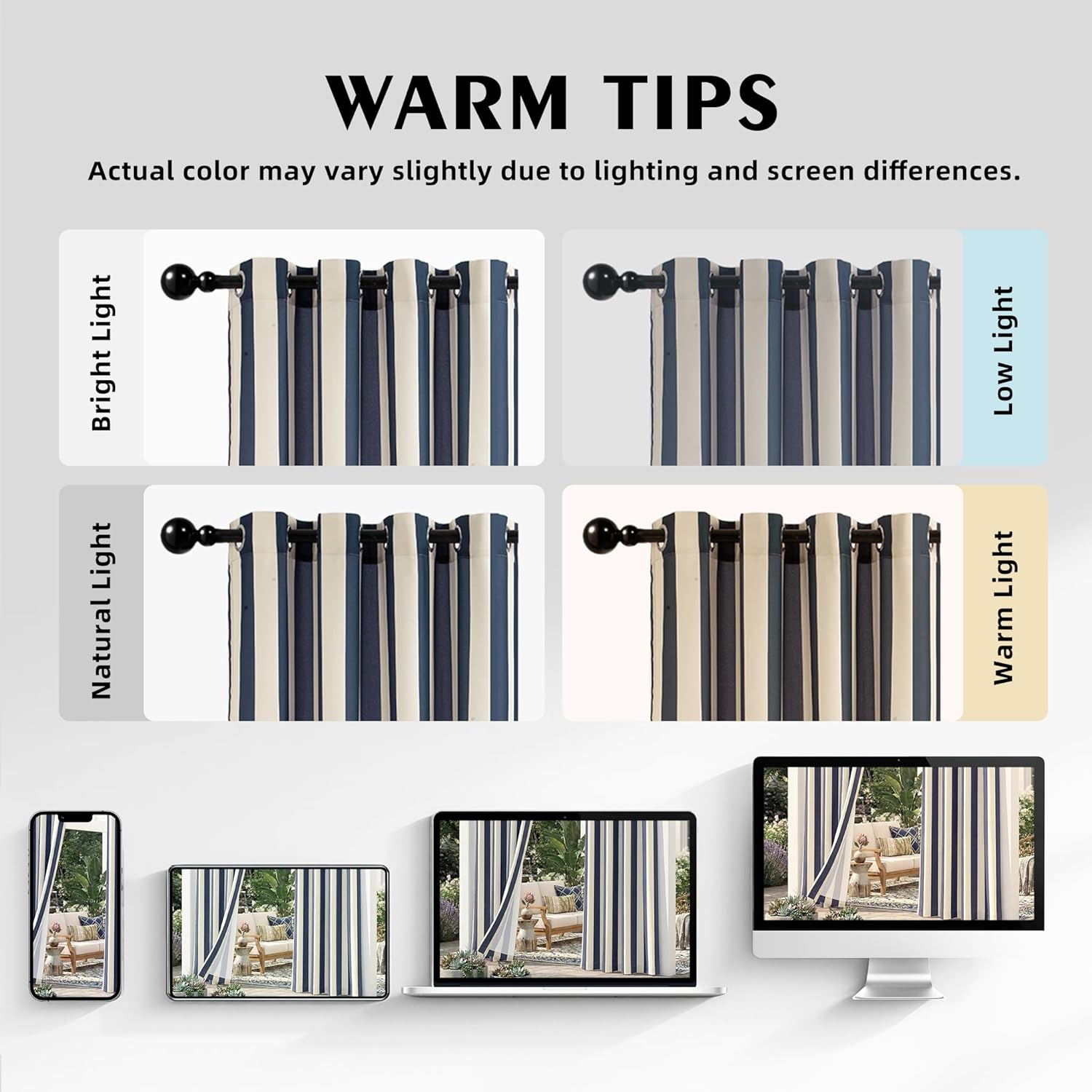 4 Panels Outdoor Stripe Curtains for Patio, Waterproof Light Filtering Indoor Outdoor Curtain Panels with Grommets for Porch, Gazebo, 4 PCS x 53 x 84 Inches, Navy/Sand
