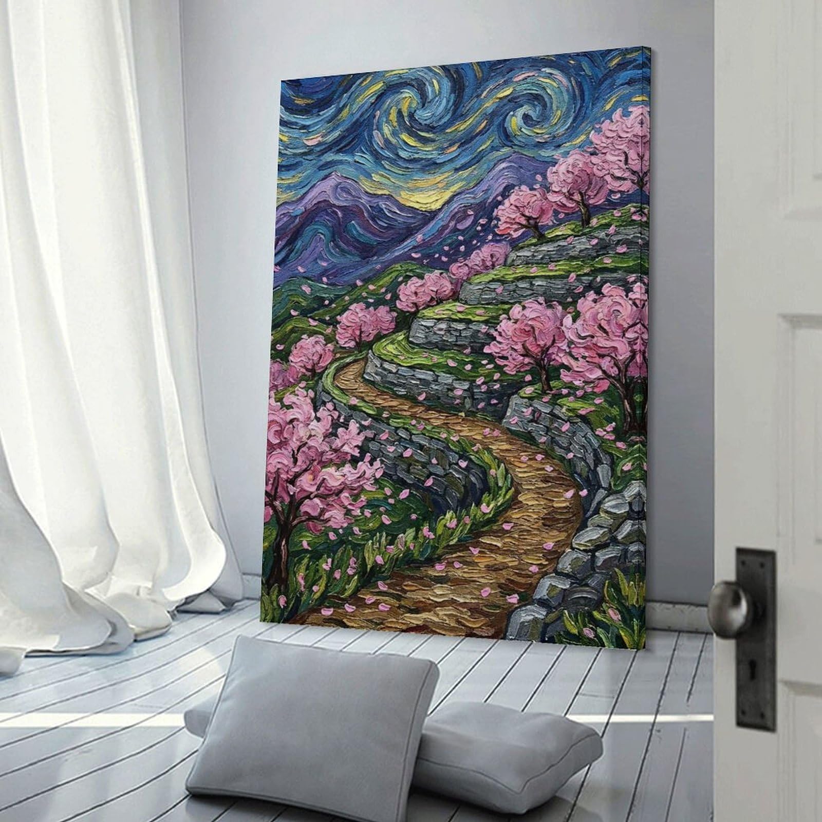 Junmoney Wall Art Print Starry Night Cherry Blossom Landscape, 24x36inch(60x90cm), for Living Room, Bedroom Or Home Office, Thoughtful Wall Decor for Art Lovers