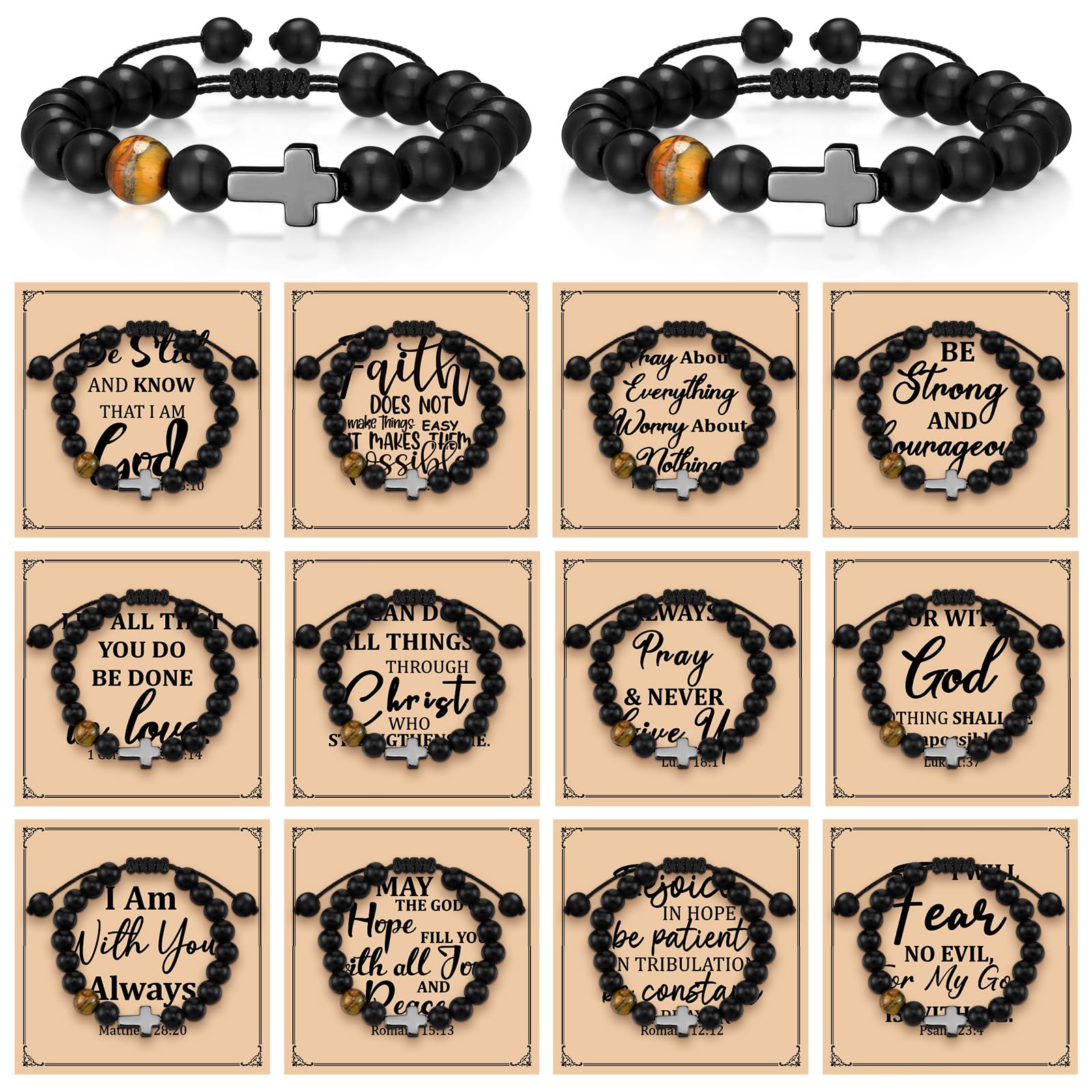 Cunno 12 Set Christian Cross Bracelets Bulk Religious Cross Beaded Bracelet for Women Men 12 Natural Beaded Stuffs Inspirational Cards Envelope