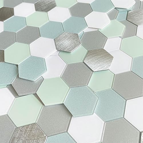 BeNice Adhesivos de pared para azulejos de cocina, baño, calcomanías de pared hexagonales impermeables (10 hojas, verde menta)