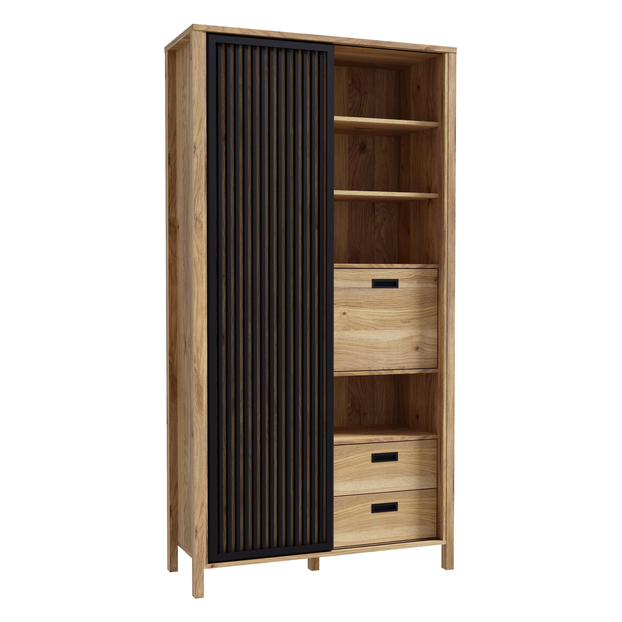 Forte JYTANA Schrank 100 105, skandinavischer Schrank mit 3 Schubladen, 2 Türen und 3 Regalfächern, Mauvella Eiche Holzdekor/Schwarz, 103,4 cm breit x 200,3 cm hoch x 40,2 cm tief