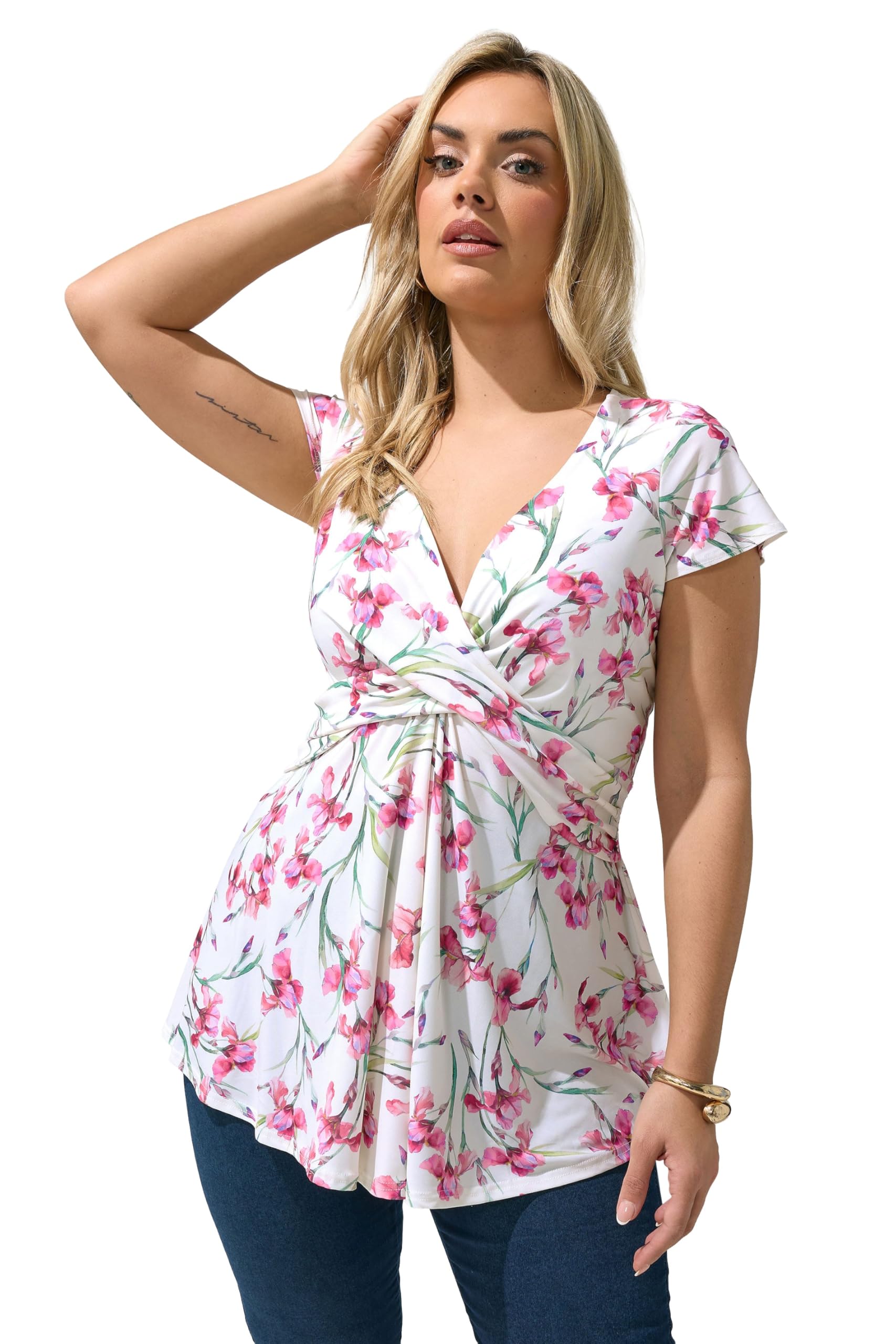 Yours Women's White Floral Print Wrap Front Top In Size 22-24