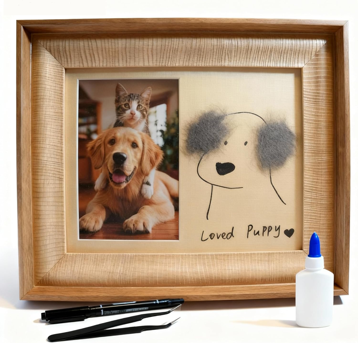 Pet DIY Frame with Hair Paste kit-DIY Memorial Keepsake for Cats and Dogs. Ideal Home Decoration and Gift. Pet Fur Keepsake kit with Customization Tool, Wooden Photo Print Frame. (Large)