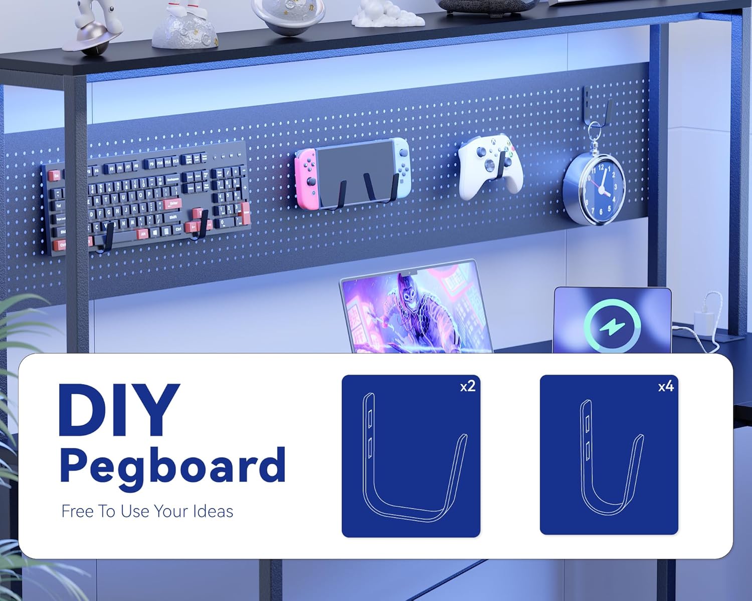 Pamray 60 Inch L Shaped Gaming Desk with LED Lights and Power Outlets Reversible Corner Computer Desk with Pegboard Storage Shelves Home Office Table for Work Study Black - Image 6