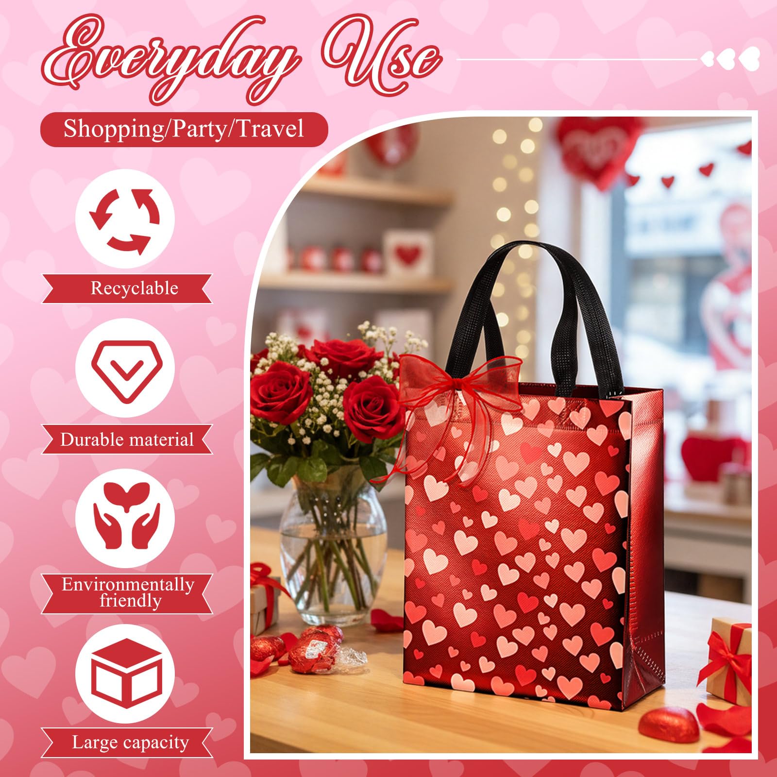 Henoyso 12 Pcs Valentines Day Gift Bags, Reusable Heart Gift Bags with Handle Ribbon, Iridescent Non-woven Holographic Medium Sparkly Tote Bulk for Valentines Party Favor Goodie Wrapping, 10 x 8 x 4''