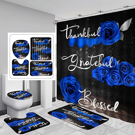 Thankful Grateful Blessed: Romantic Blue Rose Shower Curtain Set with Bath Mat...