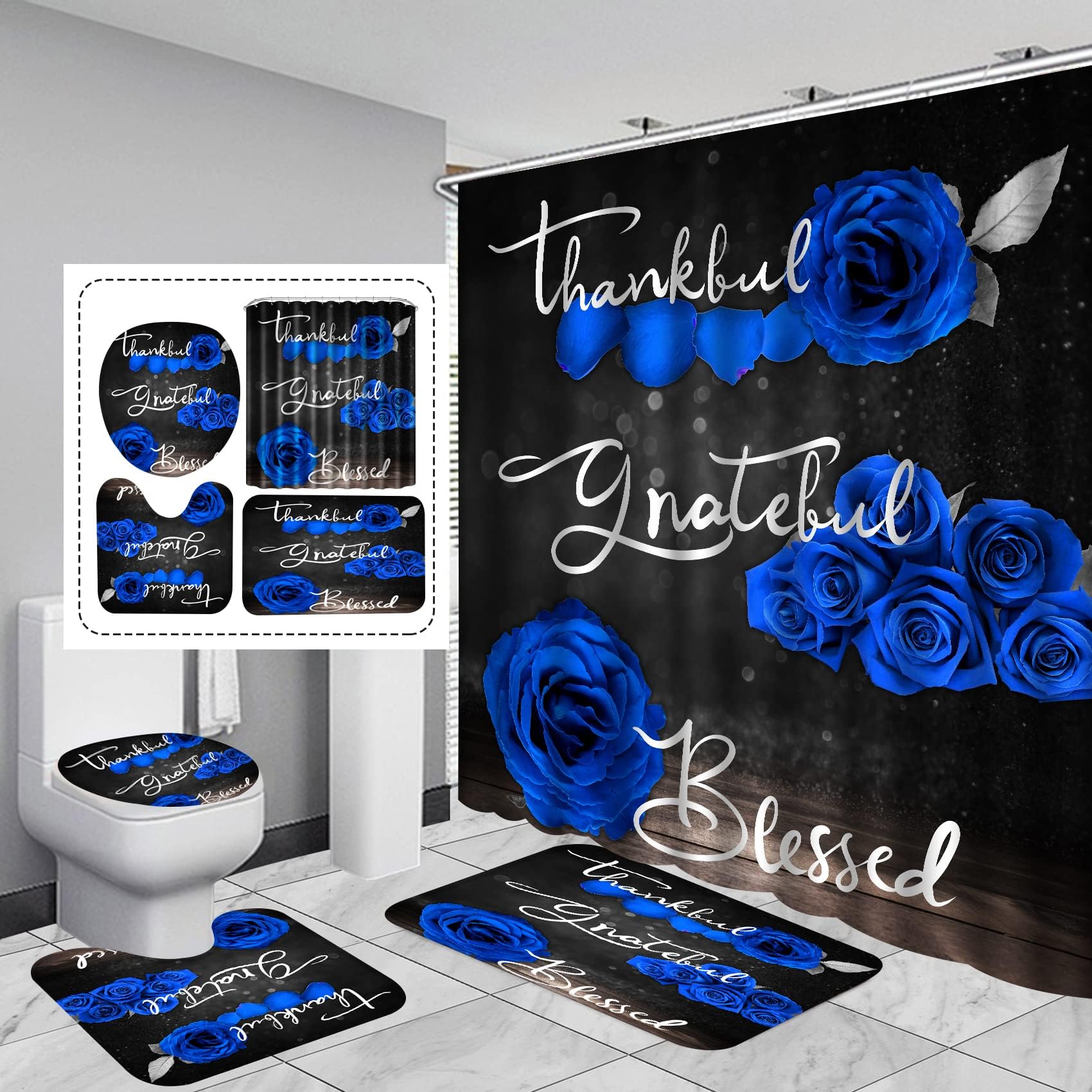 Amazon.com: Blue Rose Bathroom Sets with Shower Curtain and Rugs Water ...