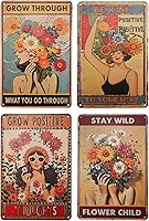 4PCS Boho Vintage Tin Metal Signs - Inspirational Flower Hippie Wall Art Decor, Retro 8x12 Inch Posters for Home Office Cafe Bedroom Gifts