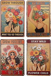 4PCS Boho Vintage Tin Metal Signs - Inspirational Flower Hippie Wall Art Decor, Retro 8x12 Inch Posters for Home Office Cafe Bedroom Gifts