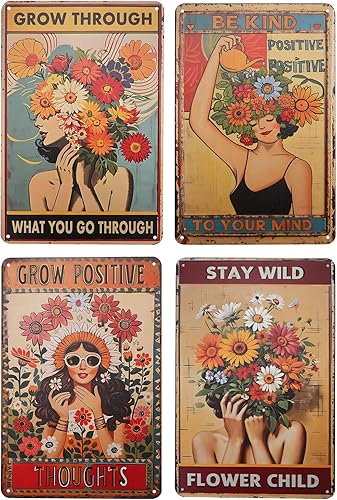 4 letreros de metal vintage de estaño, decoración de pared inspiradora bohemia, póster de metal hippie retro para regalos, mujeres, oficina,