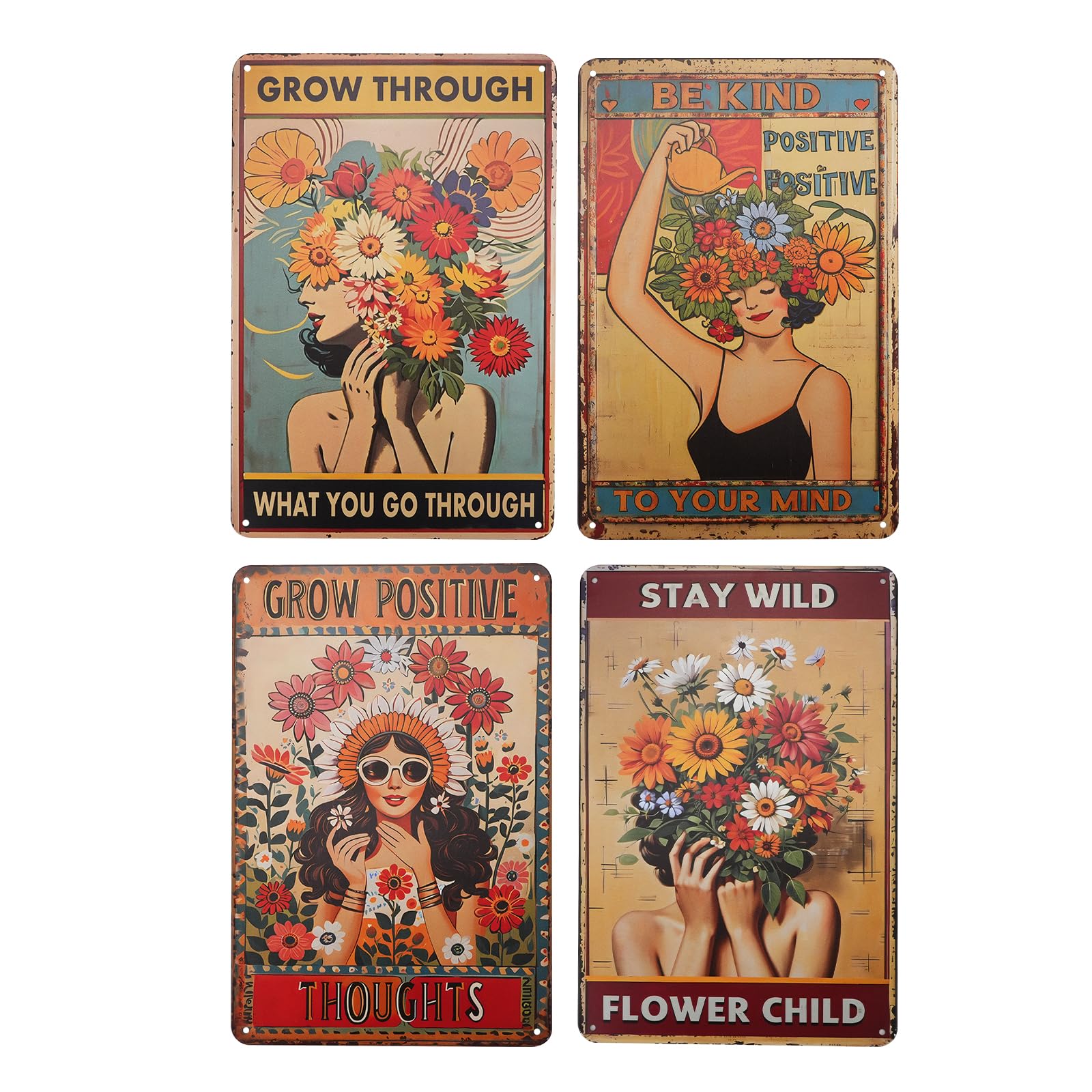 4PCS Vintage Tin Metal Sign, Boho Inspirational Wall Art Signs Decor, Hippie Metal Poster Retro Signs for Gifts Women Office Bedroom Kitchen Living