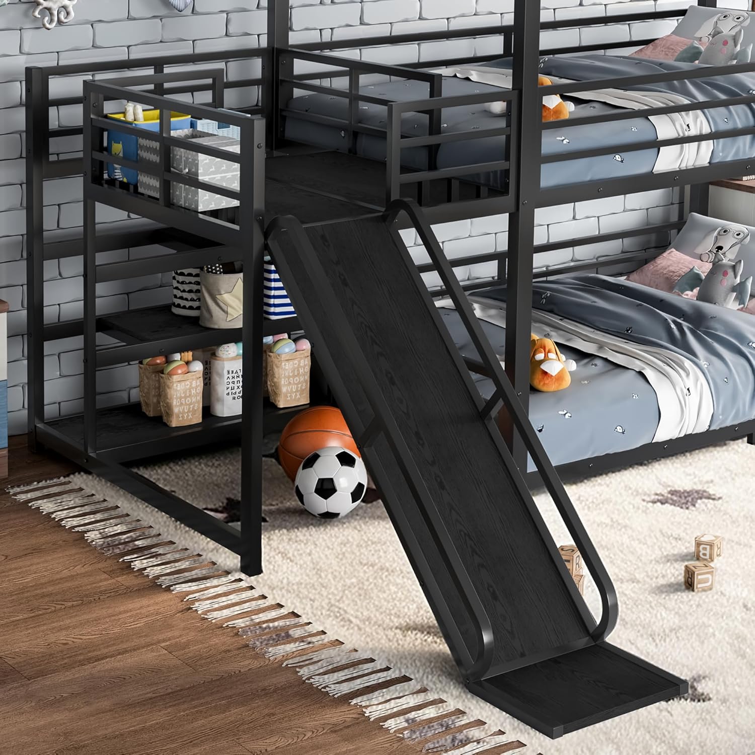 Bellemave Full Over Full Bunk Bed with Slide, Kids House Floor Bunk Bed with Storage Stairs and Full Length Guardrail, Heavy Duty Bunk Beds for Girls, Boys, Black