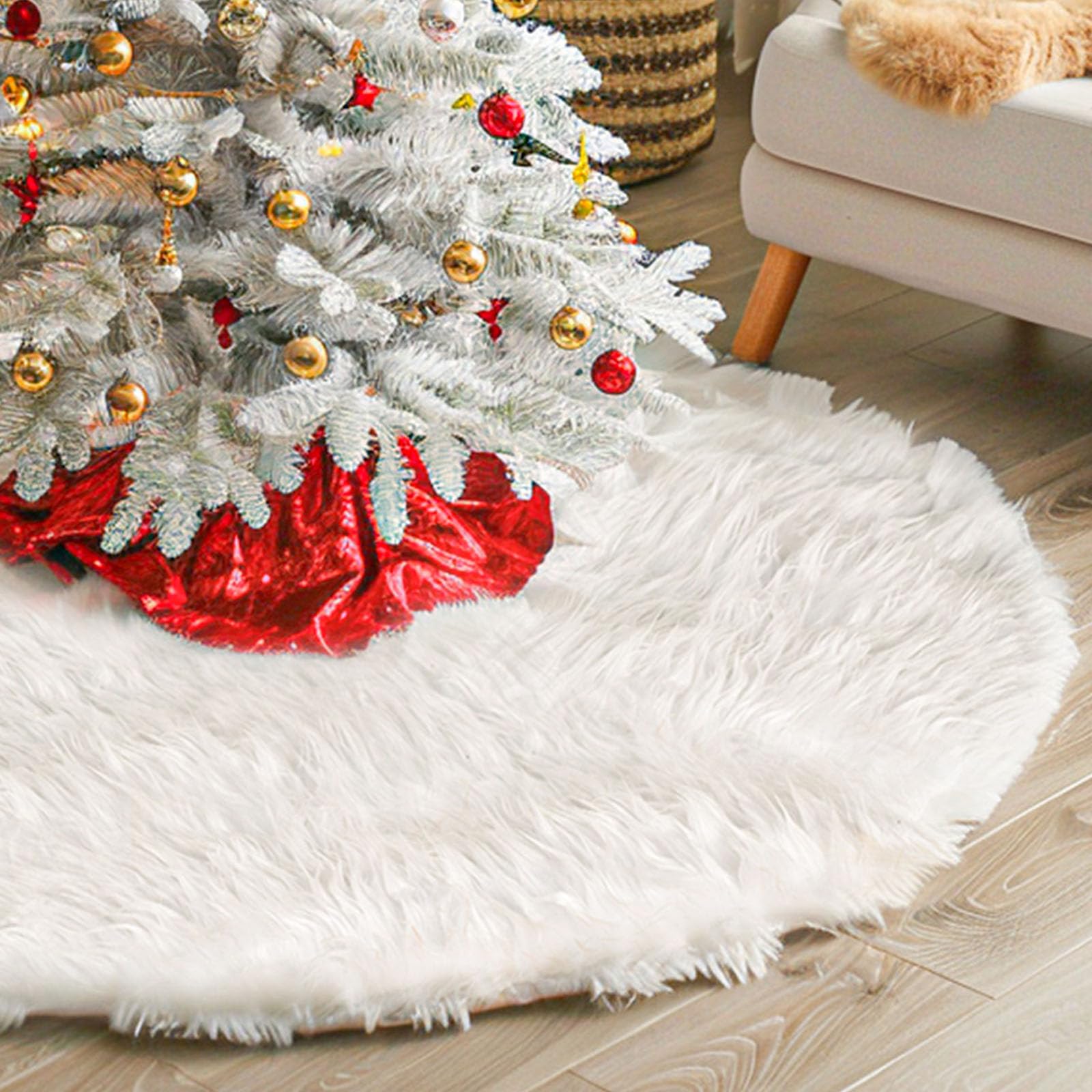 Copertura per albero di Natale bianca da 122 cm, copertura per albero di Natale, tappeto rotondo per feste di Natale allegre, gonna rotonda per decorazioni