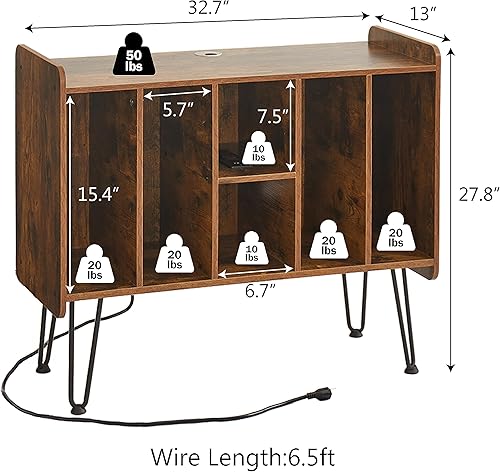 Miniatura 3 de Soporte grande para tocadiscos con almacenamiento de vinilo, mesa de tocadiscos retro marrón con alimentación y puerto USB, capacidad para hasta 200