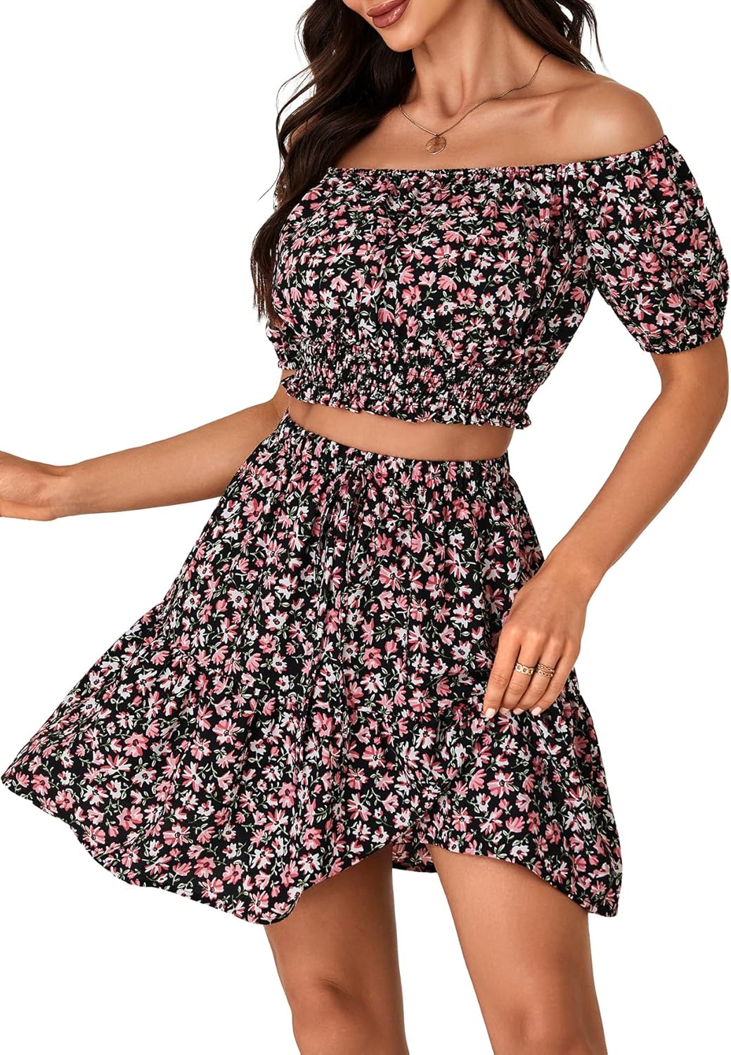 Vrtige Women's 2 Piece Outfits Floral Off Shoulder Short Sleeve Crop Top and Ruffle Mini Skirt Set - Image 4