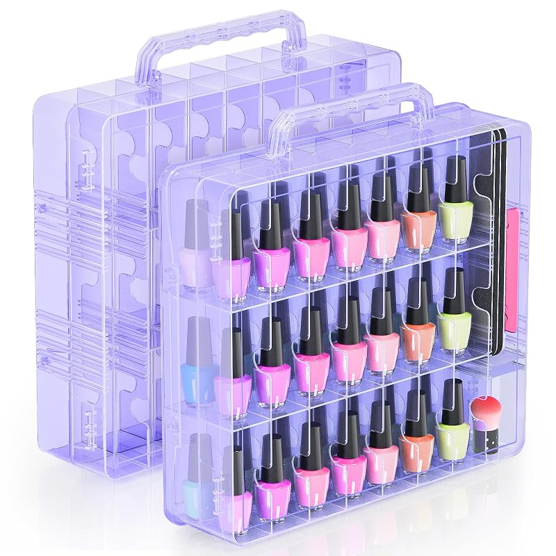 Beloving Organizador de Esmaltes com 2 Maletas, Capacidade para 48 Frascos, Divisórias Ajustáveis, Transparente, Roxo