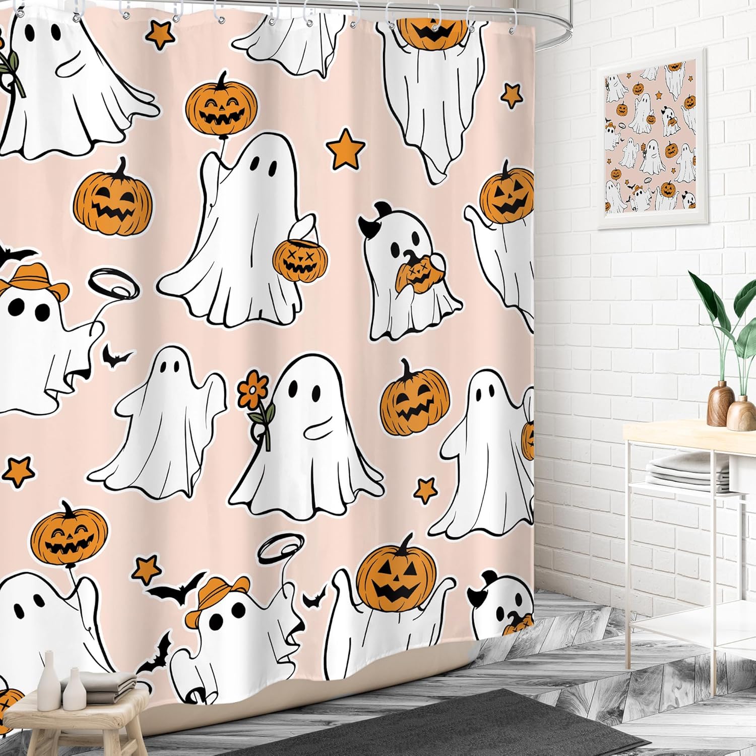 LIGHTINHOME Halloween Shower Curtain 60Wx72H Inches Cute Funny Cartoon Ghost Pumpkin Lantern Autumn Harvest Spooky Kids Boys Girls Cloth Fabric Waterproof Polyester Bathroom Home Decor Set with Hooks