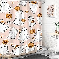 Vista 2 de LIGHTINHOME Cortina de ducha de Halloween de 60 pulgadas de ancho x 72 pulgadas de alto, lindo y divertido fantasma, calabaza, farol, cosecha