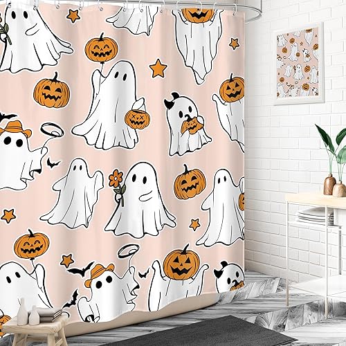 Miniatura 2 de LIGHTINHOME Cortina de ducha de Halloween de 60 pulgadas de ancho x 72 pulgadas de alto, lindo y divertido fantasma, calabaza, farol, cosecha