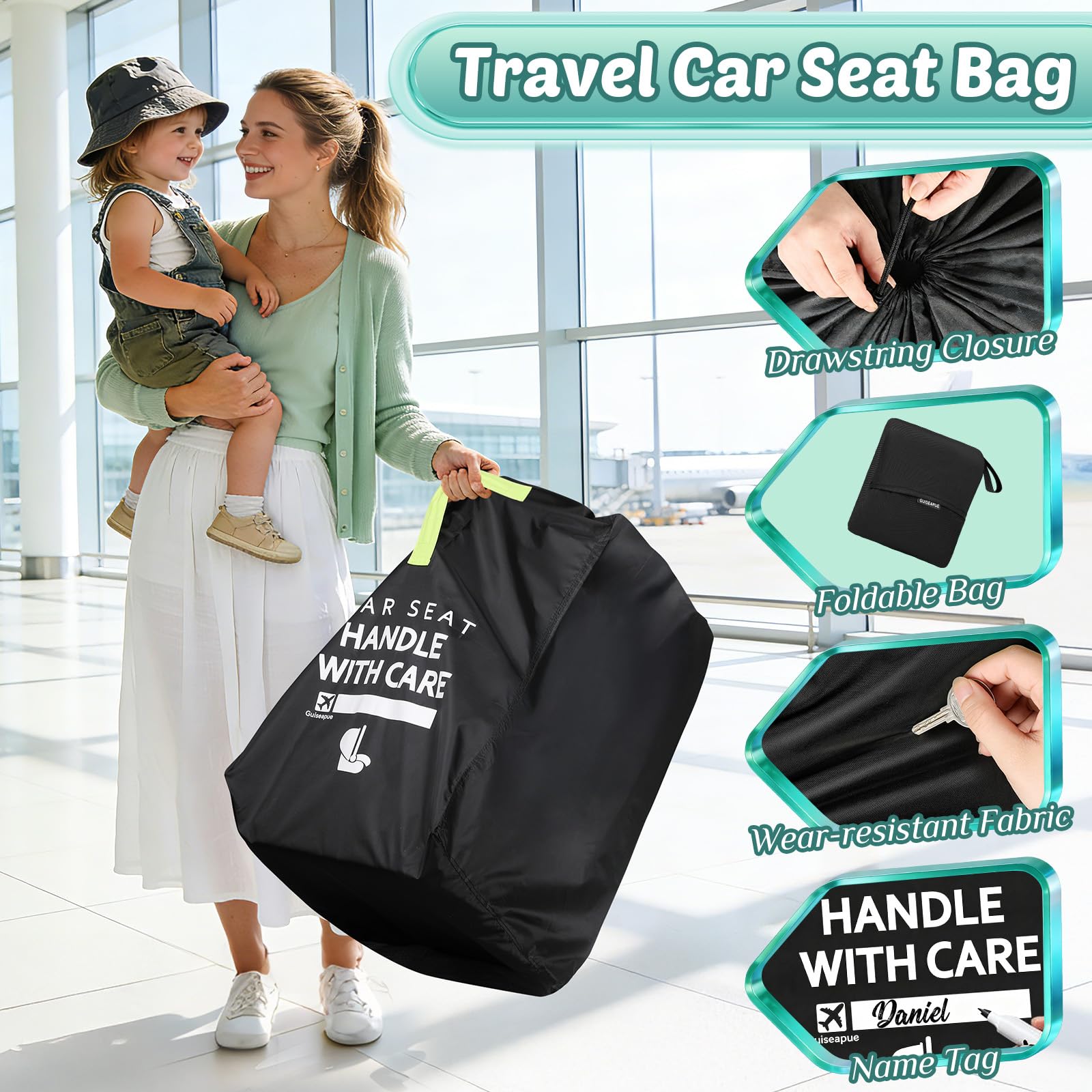 Guiseapue Borsa da viaggio per seggiolini per auto aereo: borsa per seggiolini per auto premium per viaggi ad aria si adatta a tutti i corrieri per neonati e booster e convertibili, copertura del