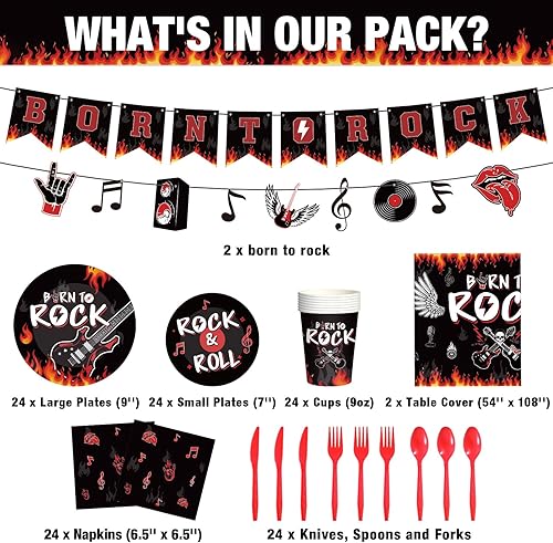 Miniatura 2 de Yaomiao 172 piezas de suministros de fiesta temática de rock Born to Rock, pancarta de notas musicales, guirnalda, juego de vajilla para fiesta