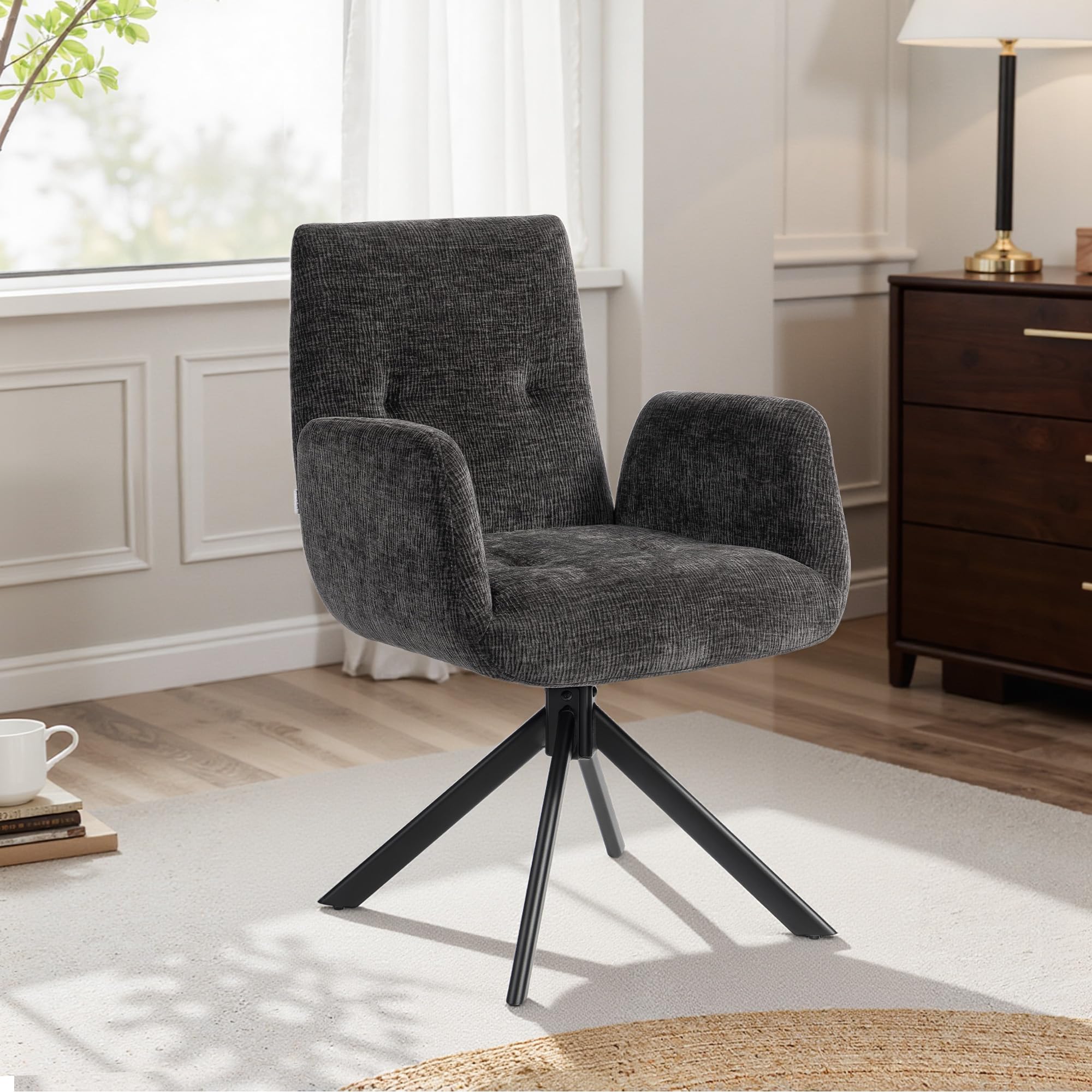 HOMCOM Sessel Drehbar Loungesessel mit Armlehne, Wolle-Leinenoptik, modern Polsterstuhl mit Knopfheftung, Stahlbeine, für Wohnzimmer, Schlafzimmer, Schwarz