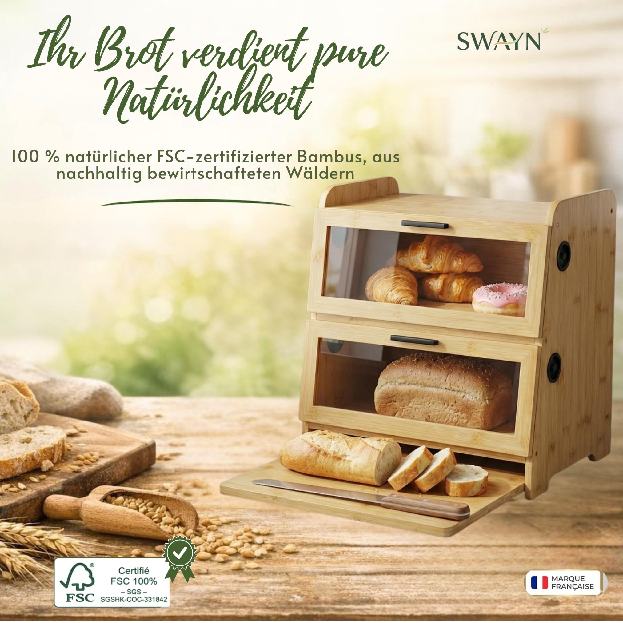 SWAYN Brotkasten aus FSC-zertifiziertem Bambus – Brotkasten mit 2 Etagen, verstellbare Belüftung für längere Frische, integriertes Brett, optimierte Aufbewahrung für Brot (natürlich)