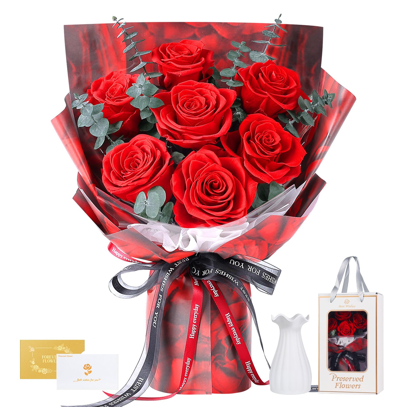 Preserved Flowers Bouquet 7 Roses Red Real Rose - Eternal Flower Gift for Mom Wife Anniversary Birthday