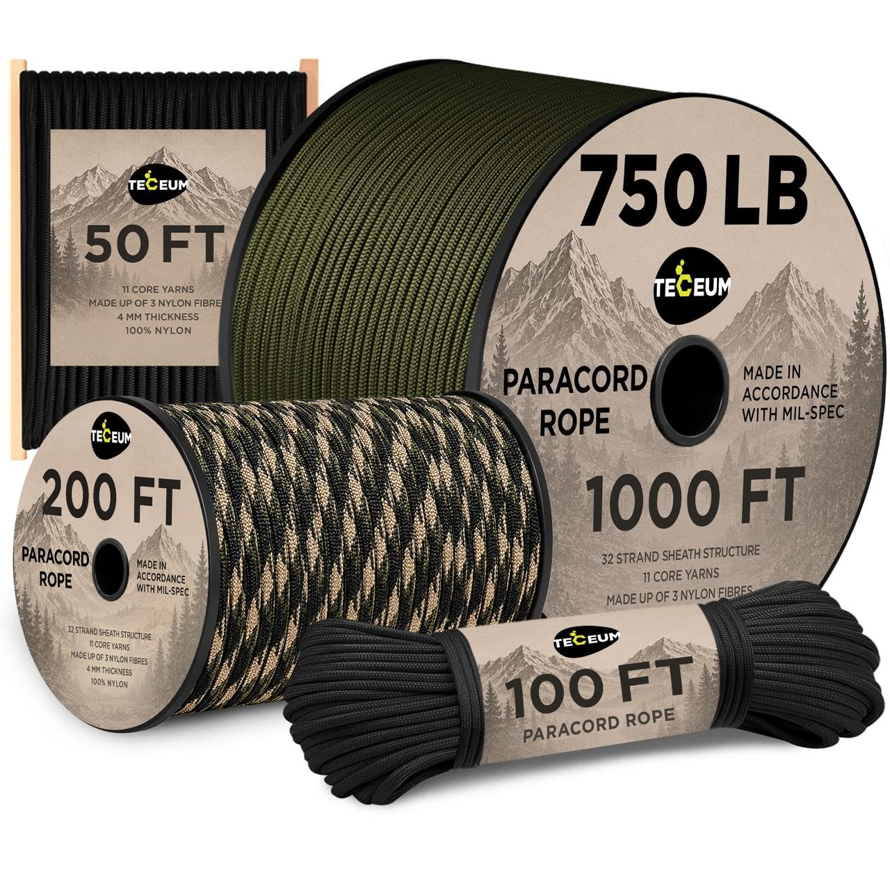 TECEUM Paracord Type IV 750 lb Black 016 – 15 m – 4mm – 100% Nylon Strong Tactical MIL–SPEC Parachute Cord – Survival Rope Emergency 11 Strands Core Camping Hiking Military Gear(50ft) 016a