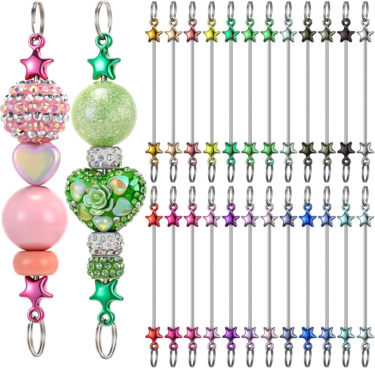 Tondiamo 24 Pcs Beadable Keychain Bars Bulk Blank DIY Metal Beaded Keychain Detachable Key Chain Accessories for Craft