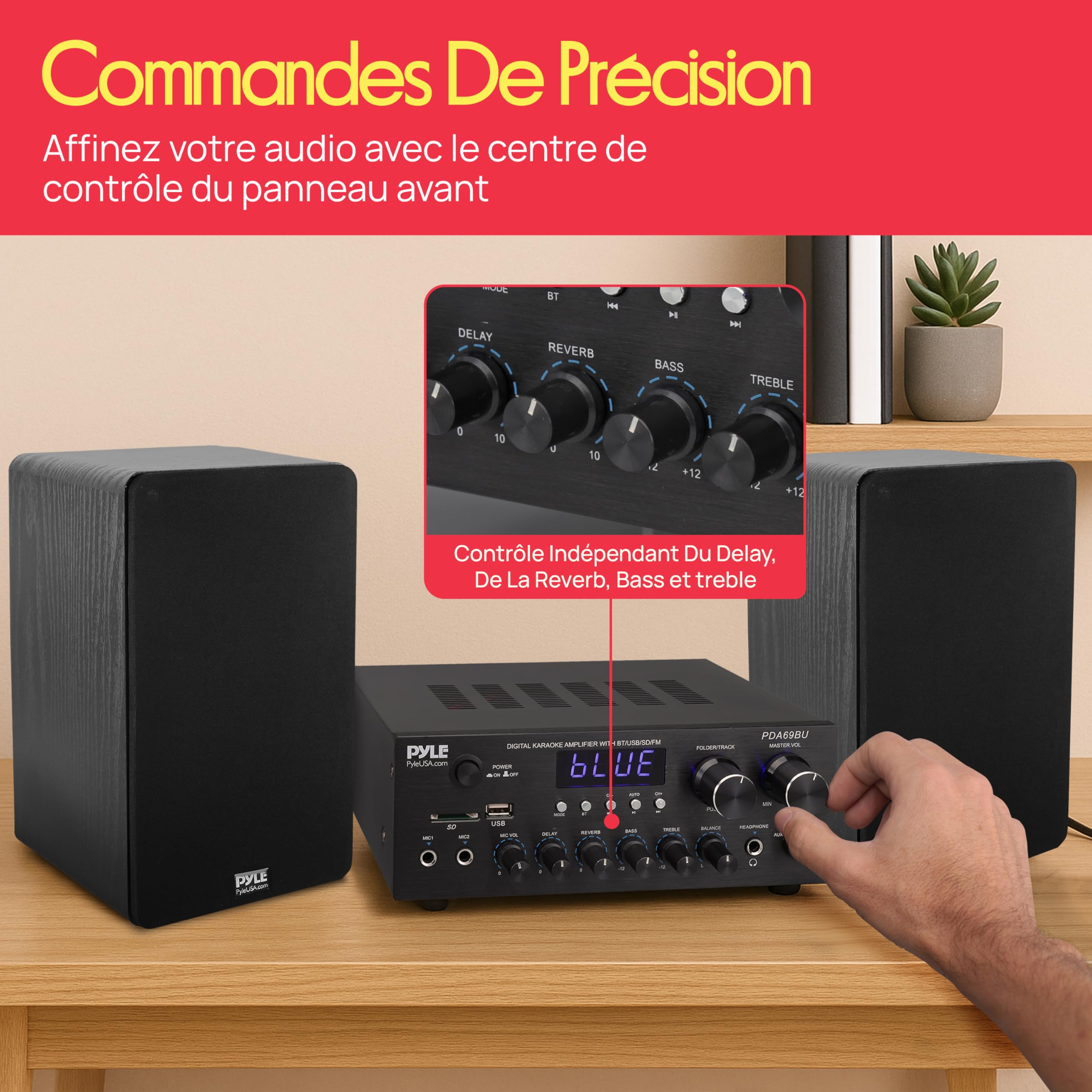 Pyle Ampli Bluetooth Maison 300 W – Récepteur Stéréo 2 Canaux pour Haut-Parleurs avec USB, SD, MP3, AUX, RCA, FM, 2 Entrées Micro 6,35 mm, Réverbération, LED, pour Haut-parleurs, Musique, Studio