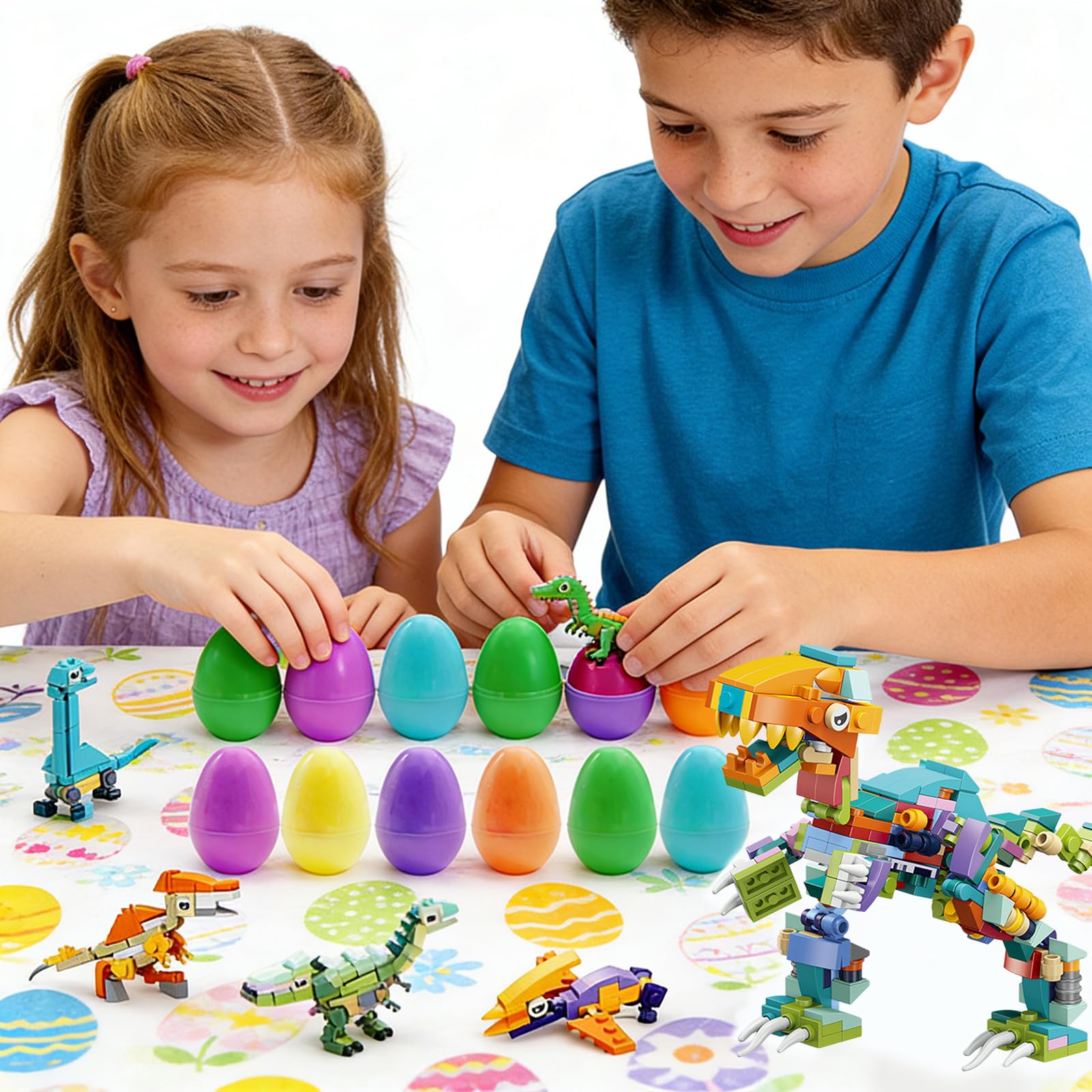 Zestaw 12 plastikowych jajek z klockami dinozaurów na wielkanocne kosze, zabawki edukacyjne, nagrody, niespodzianki na imprezy