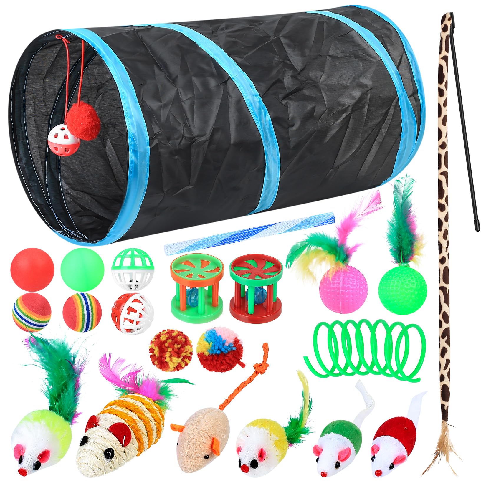 Gaomoeny 22 Stück Katzenspielzeug Set, Katzentunnel Interaktives Katzen Zubehör, Katzen Angel Spielzeug Katze Federspielzeug, Spielzeugmäuse, Katzenbälle, Cat Toys, Kitten Spielzeugs