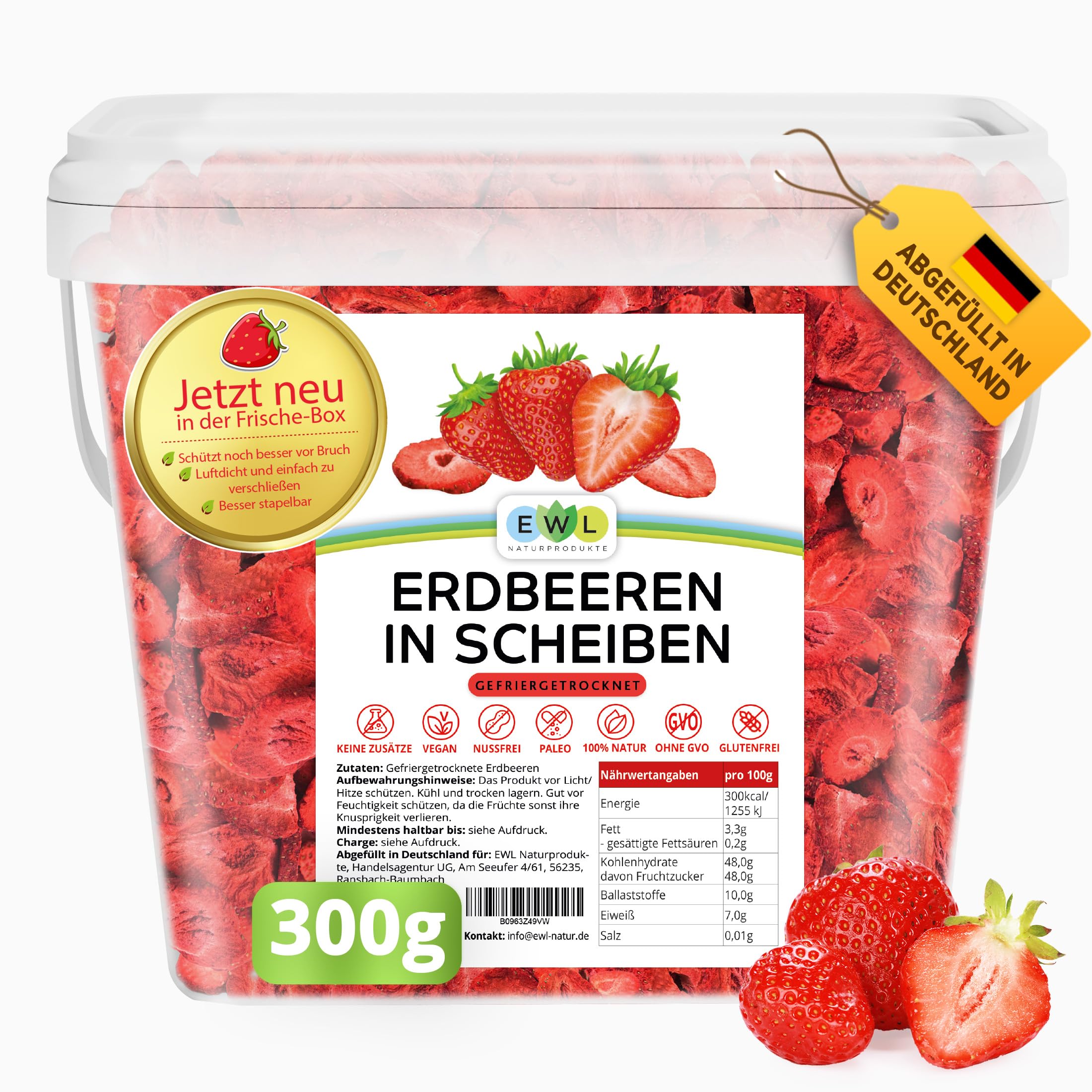 EWL Naturprodukte ERDBEEREN GEFRIERGETROCKNET 300g-leckere, schonend gefriergetrocknete Erdbeeren in Scheiben, frei von Zusatzstoffen -Deutsche Abfüllung- getrocknete Erdbeeren getrocknete Früchte