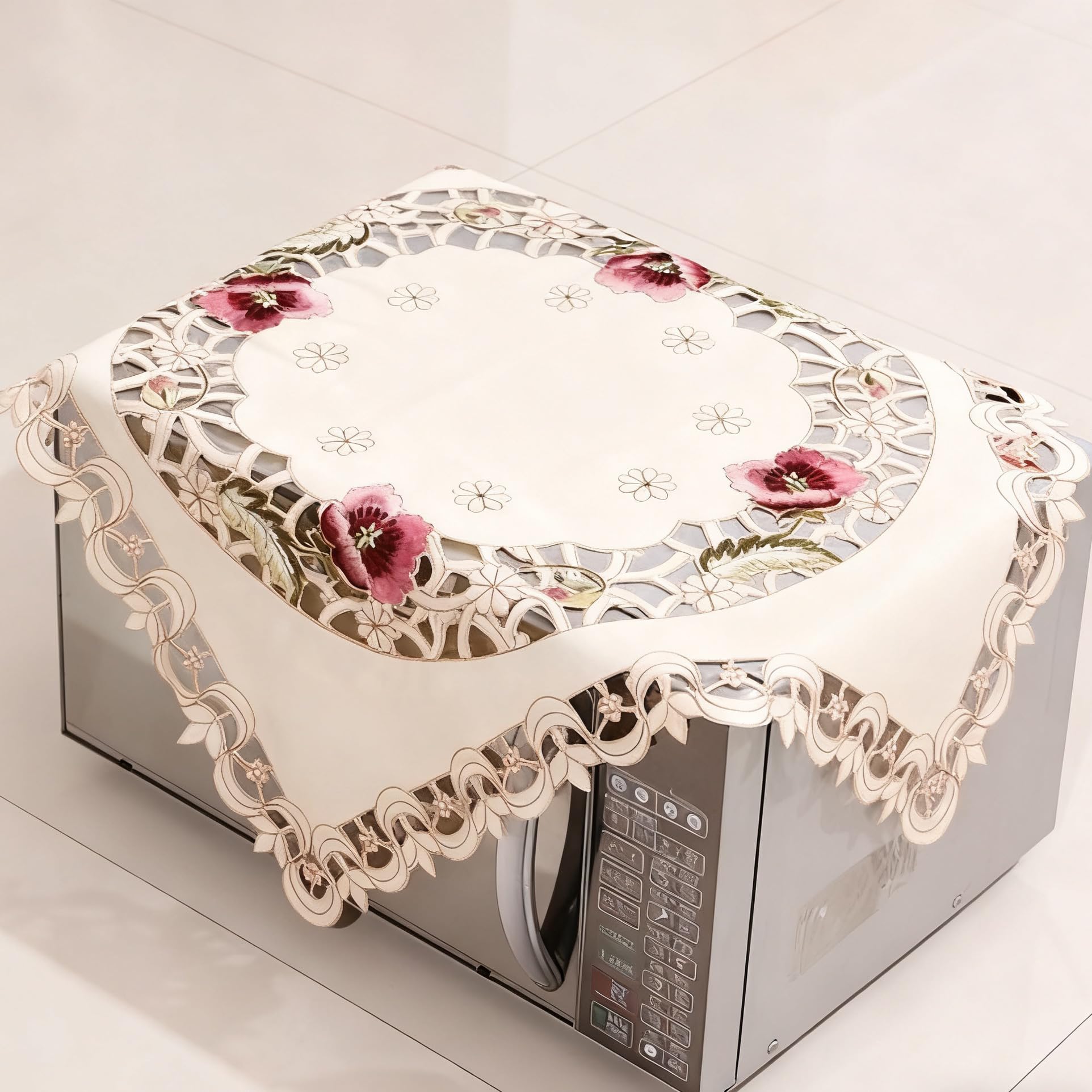 LeLehome Embroidered Lace Beige Tablecloth, 33 Inch Square Vintage Rufous Red Flower Classic Doily Small Dining Table Cloth Cabinet Cover, Square 85 X 85 CM (33" X 33")