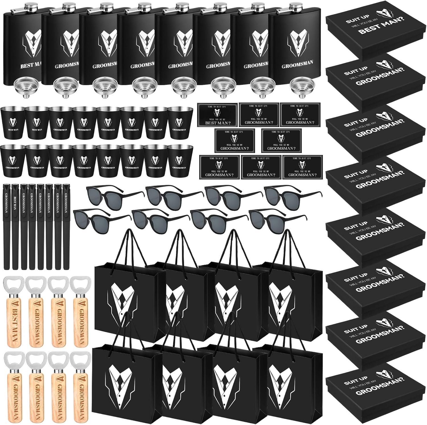 Layhit 40 Pcs Groomsmen Gifts Set of 4 Stainless Steel Shot Glass, Flask, Funnel, Bottle Opener, Pen, Sunglasses, Card, Box, Bag Groomsmen Proposal Box for Wedding Party Present
