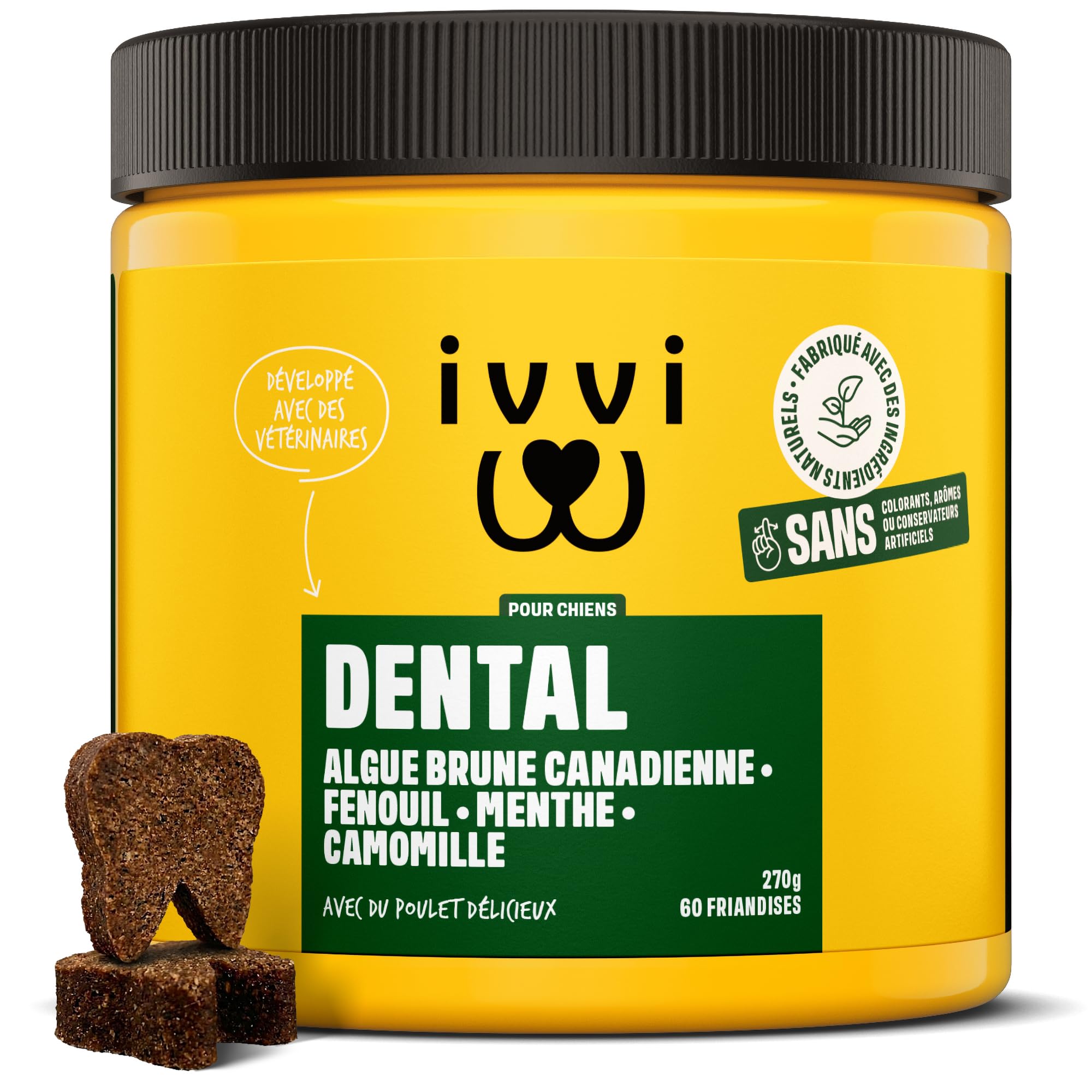ivvi Snacks d'Hygiène Dentaire pour Chiens, 60 Snacks avec Poulet | Avec Menthe, Persil, Fenouil, Camomille, Huile de Coco, Algues Brunes, Favorise Dents Saines, Haleine Fraîche, Anti Tartre