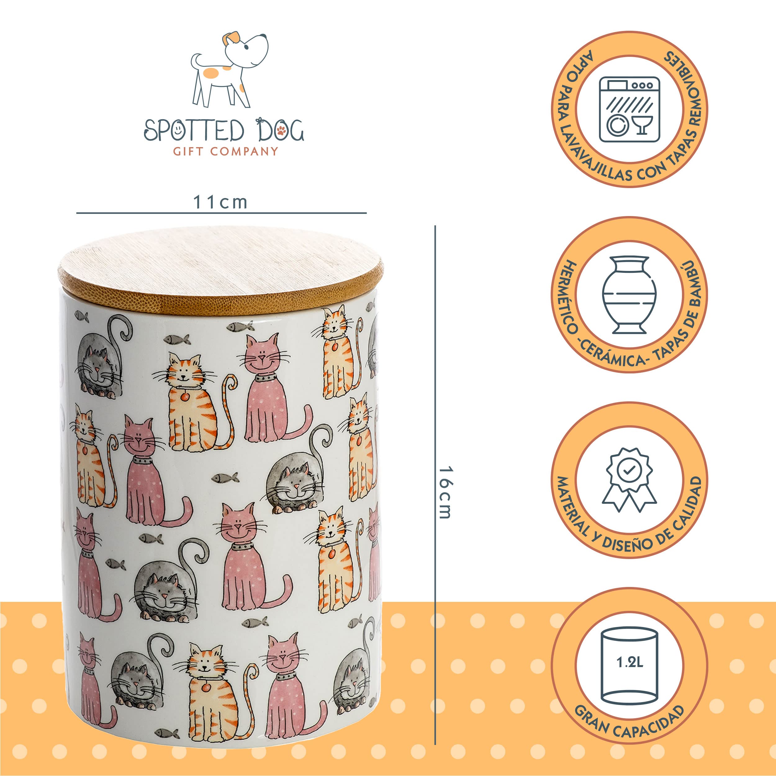 SPOTTED DOG GIFT COMPANY Juego de 3 Botes Cocina Almacenaje de Cerámica con Estampado de Gatos Lindos, Recipientes Herméticos para Alimentos con Tapa, Regalos para Amantes de los Gatos