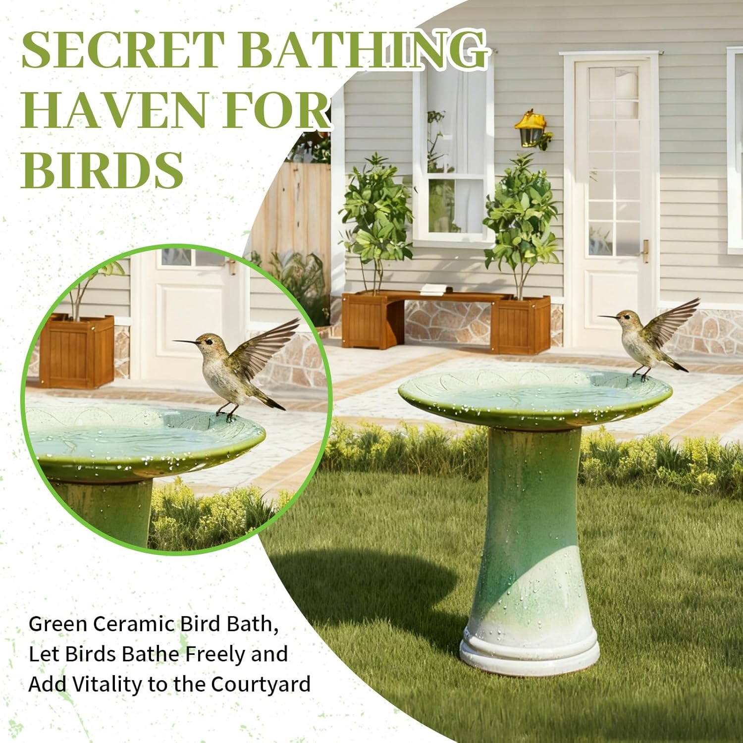 Ceramic Bird Bath for Outdoors, 18 Inch Tall Pedestal Birdbath with Floral Pattern, Durable for Patio, Yard, Lawn Lightweight & Frost-Resistant Garden Decor for Year-Round Use -Ombre Green Glaze