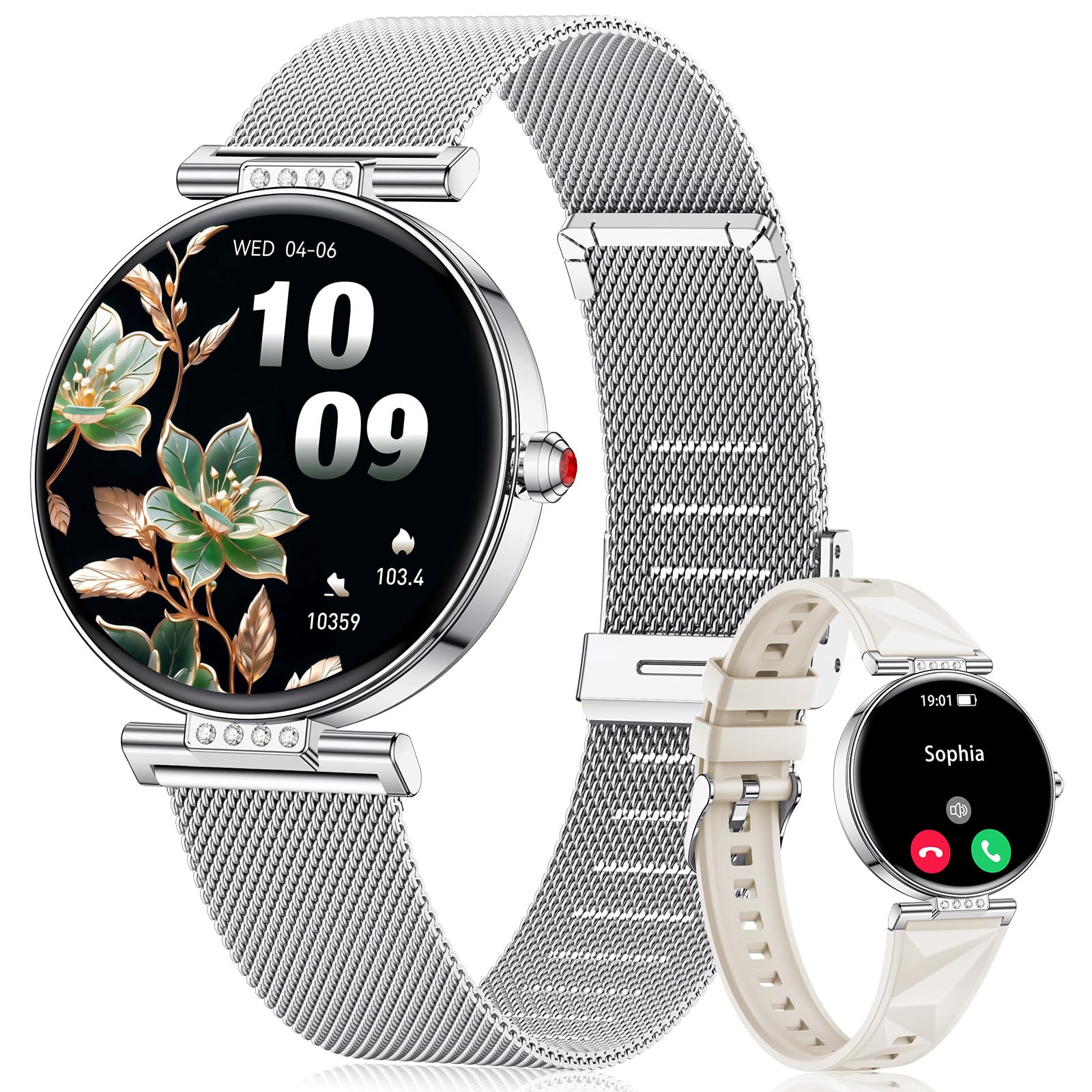 CIVO Reloj Inteligente Mujer Llamadas: Whatsapp Compatible Android iOS - Smartwatch Mujer Redondo Pequeño Plateado - Reloj de Pulsera Deportivo Impermeable