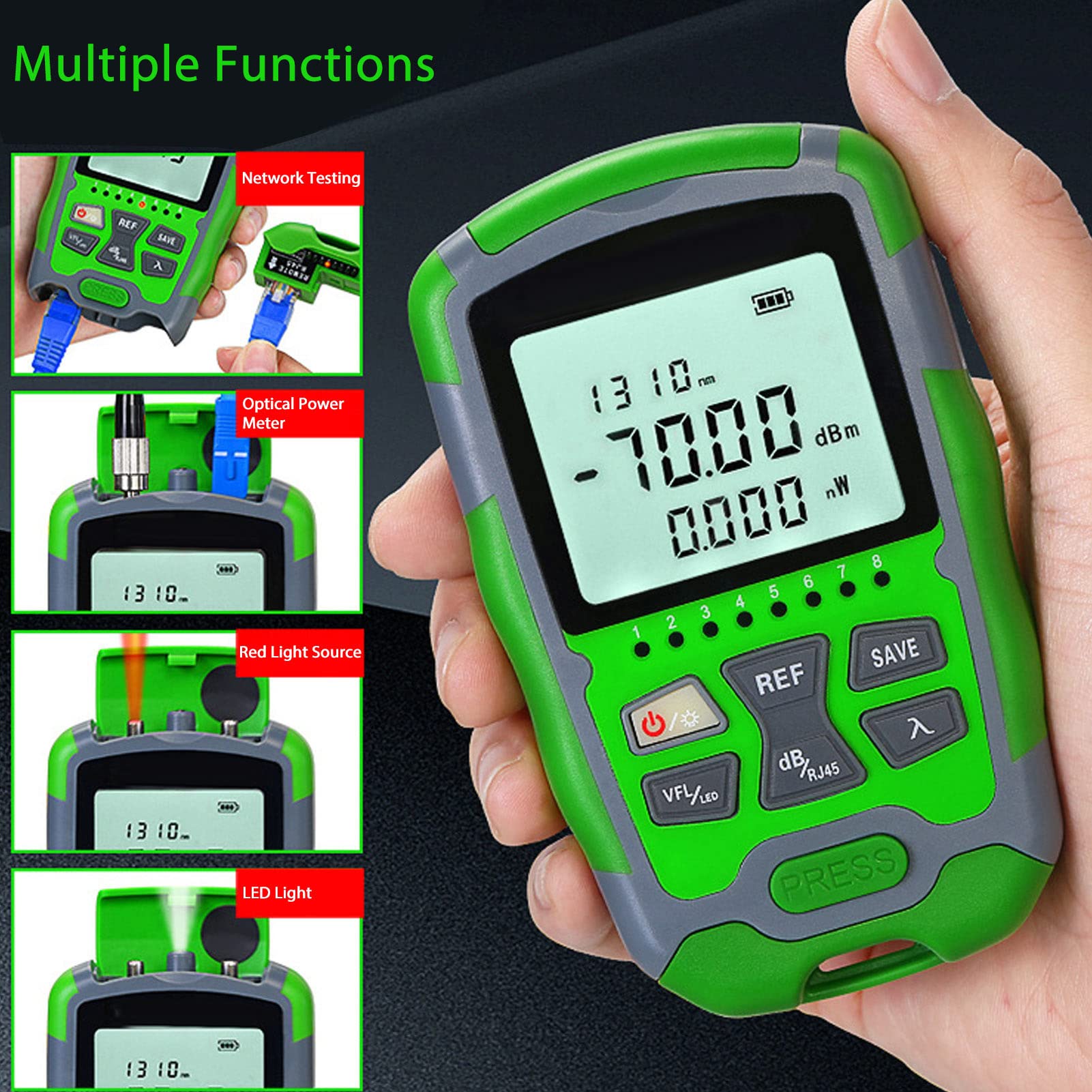 flexman ‑70‑10dbm Misuratore di Potenza Portatile in Fibra Ottica, Tester per Cavi in ​​Fibra Ottica Ricaricabile 4 in 1 con Sorgente di Luce Rossa RJ45 Test di Rete Funzione Luce LED (15MW)