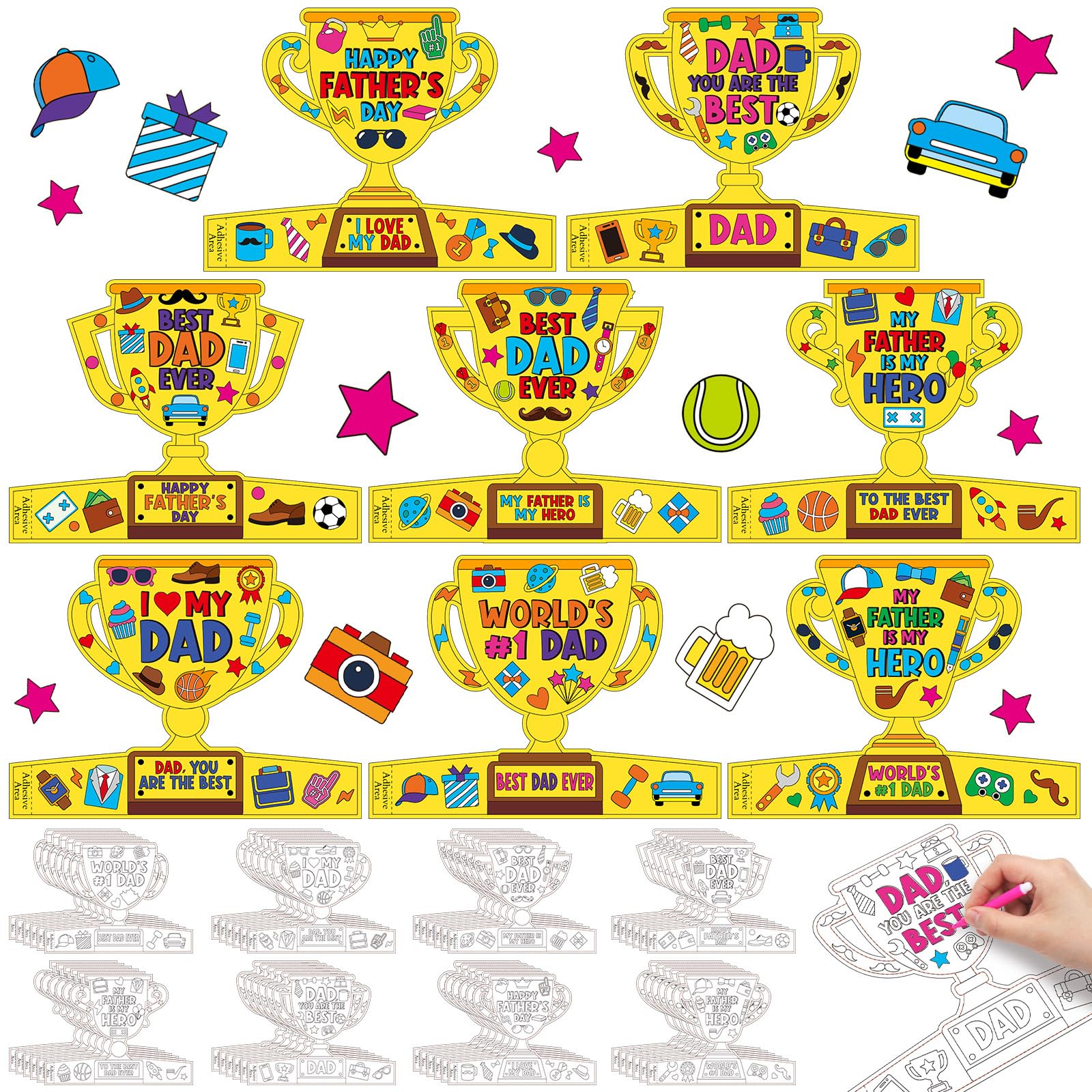 Dunzoom 48 Pcs Father's Day Trophy Craft Kit Color Your Own Father's Day DIY Crafts Coloring My Father is My Hero DIY Dad Gift Set for Home Classroom