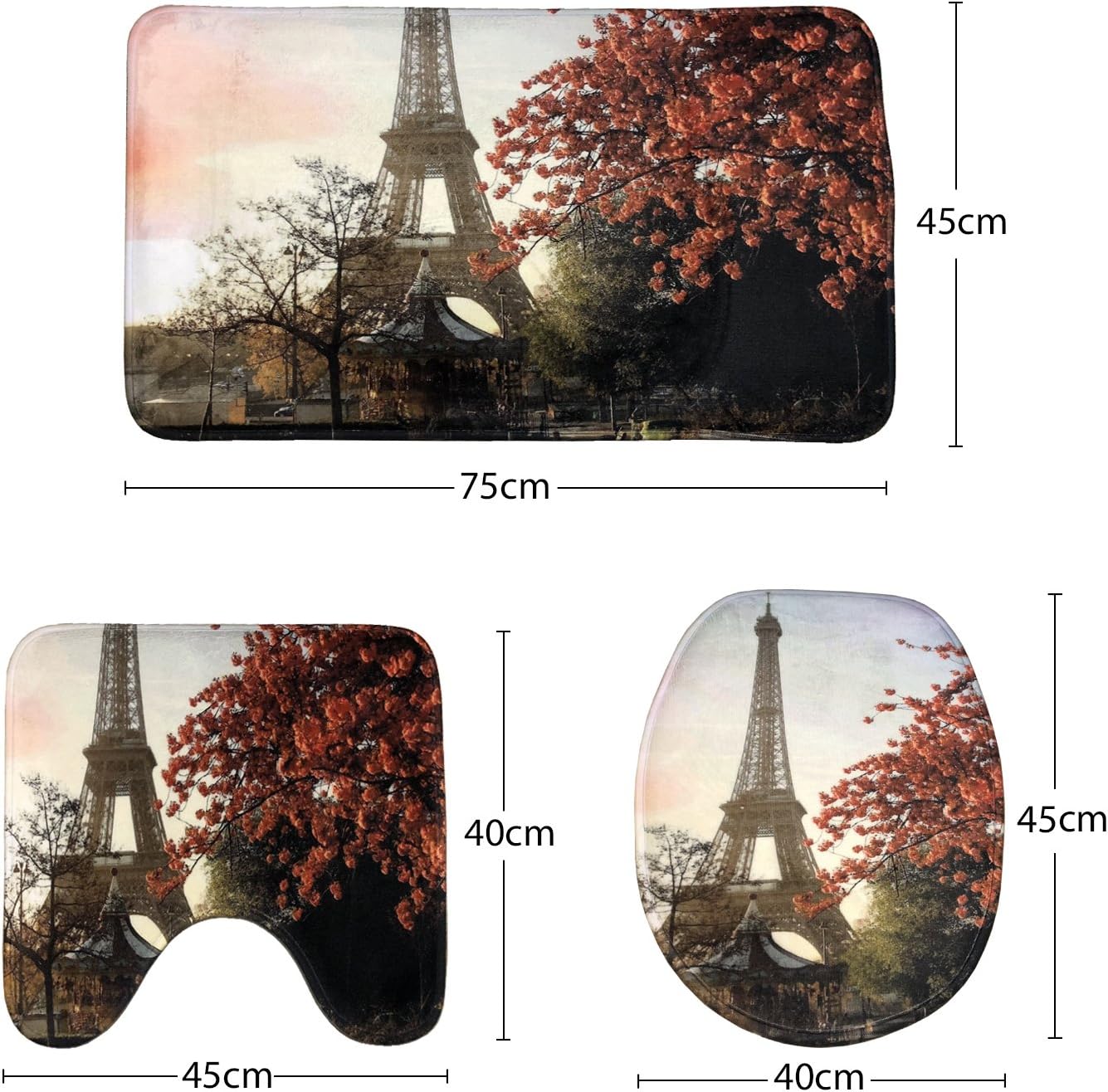 Grey Eiffel Paris Tower 3 Piece Bathroom Mat Set Cityscape Red Flower Pattern Bath Mat Contour Mat and Toilet Cover