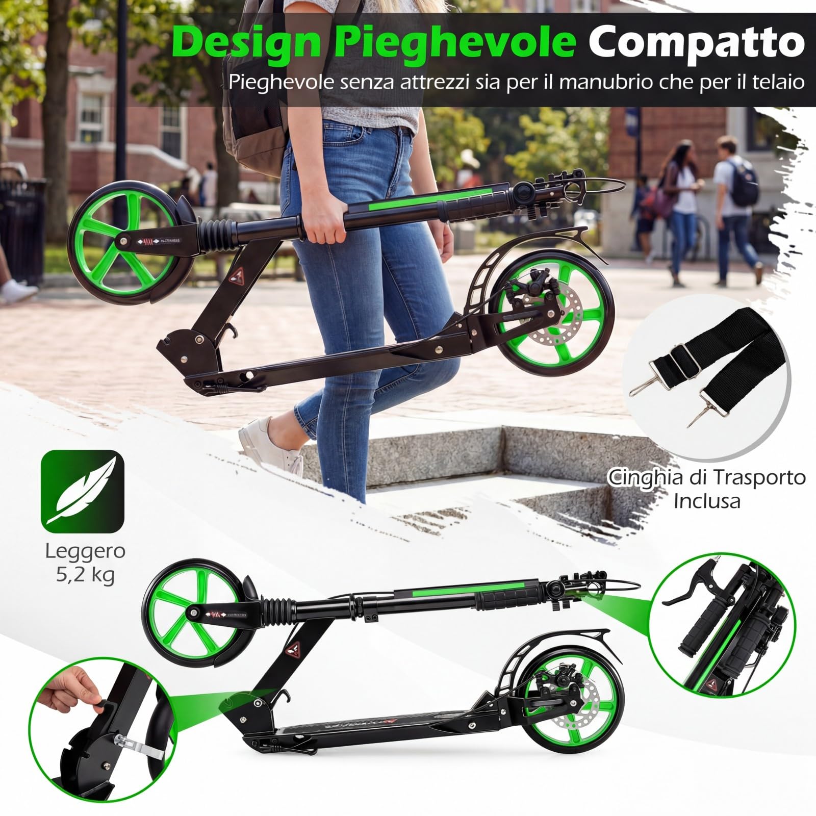 COSTWAY Monopattino Bambini e Adulti, Monopattino a Spinta Pieghevole e Regolabile in 3 Altezze, Monopattino Portatile con 2 Ruote, Cavalletto, Freno e Pedale Antiscivolo, Portata 100 kg