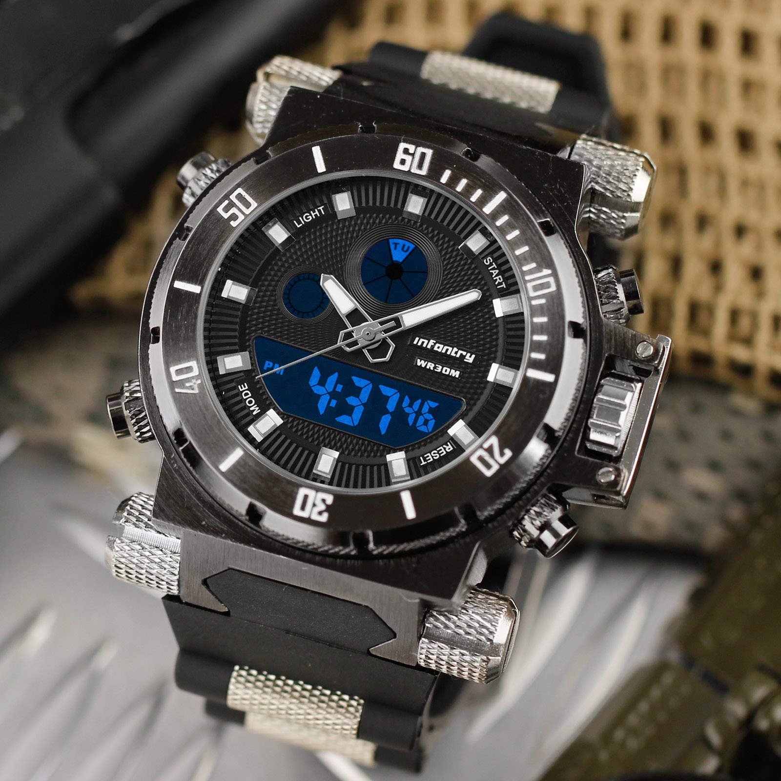 INFANTRY Mens 50mm Big Face Military Tactical Analog Digital Quartz