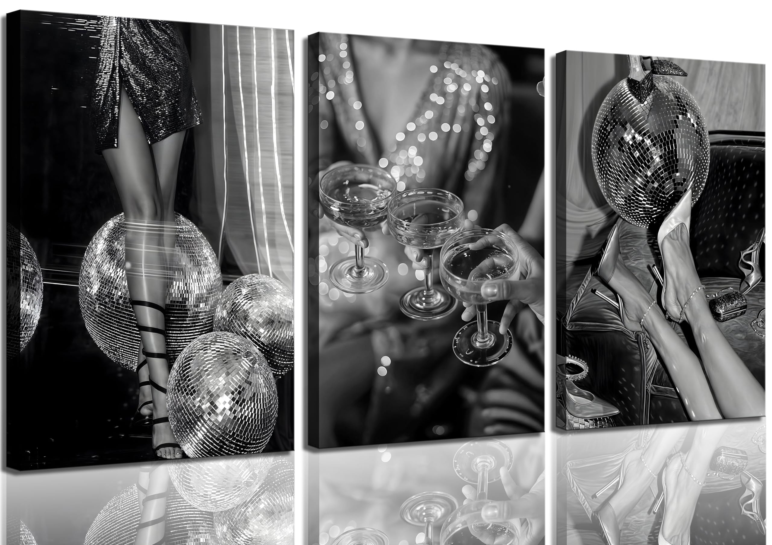 VeeFeng 3Pcs Fashion Disco Ball Canvas Wall Art Fashionable Girl Wall Decor Pictures Disco Party Tequila Posters Paintings Prints for Bedroom Girly Dorm Room Bar Cart Dining room Home Decoration