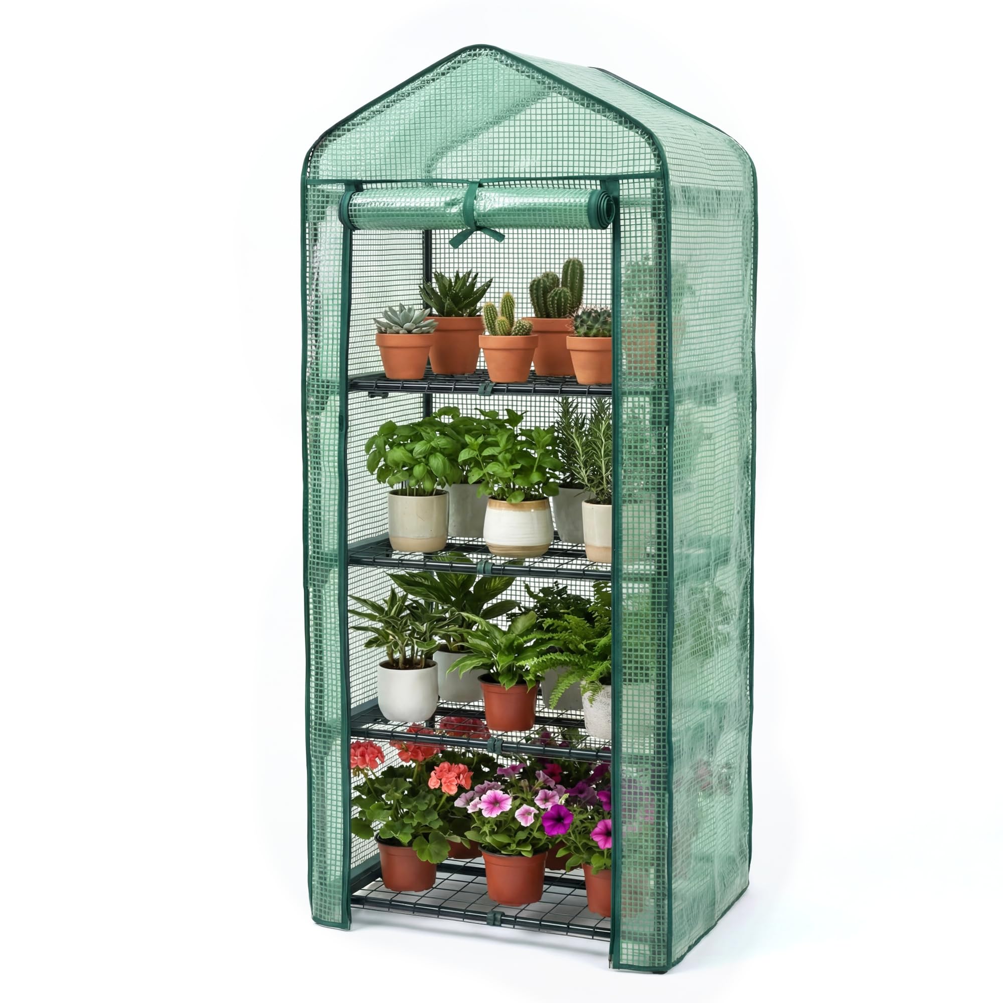 4 Tier Mini PE Greenhouse, Portable Green Houses with 4 Shelves and Shed Metal Frame, Weatherproof PE Plastic Cover & Roll up Zip Panel Door, Outdoor & Indoor, 50x45x158CM - Easy No Tool Assembly