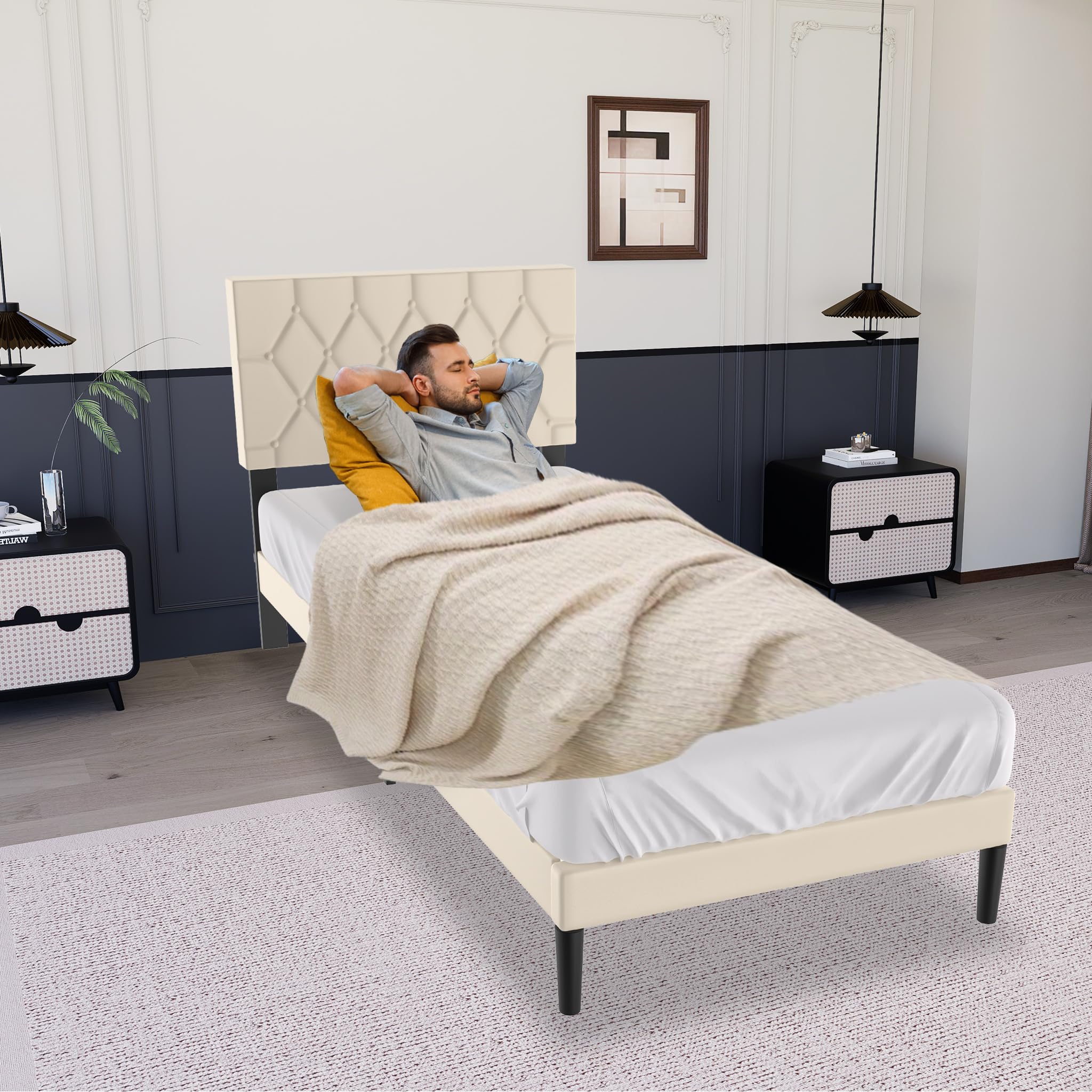 Suusolny Letto imbottito con testiera in pelle e rete a doghe, letto singolo, montaggio semplice, con strumenti di installazione, telaio fino a 300 kg, colore beige, 90 x 200 cm